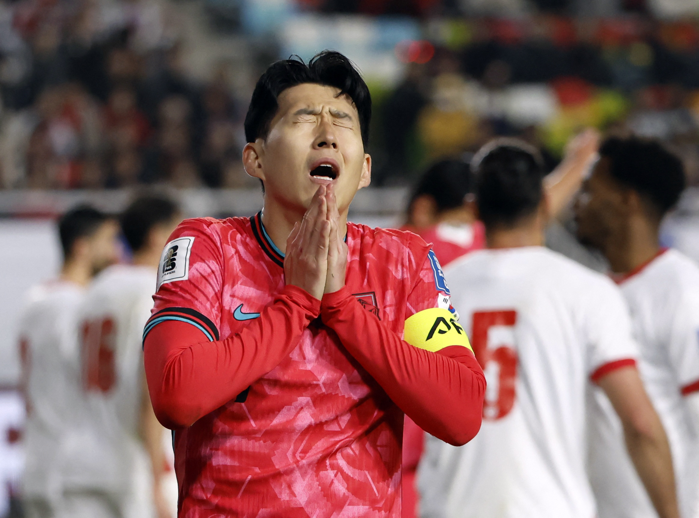 Soccer Football - World Cup - AFC Qualifiers - Third Round - Group B - South Korea v Jordan - Suwon World Cup Stadium, Suwon, South Korea - March 25, 2025 South Korea's Heung-Min Son reacts REUTERS/Kim Soo-Hyeon