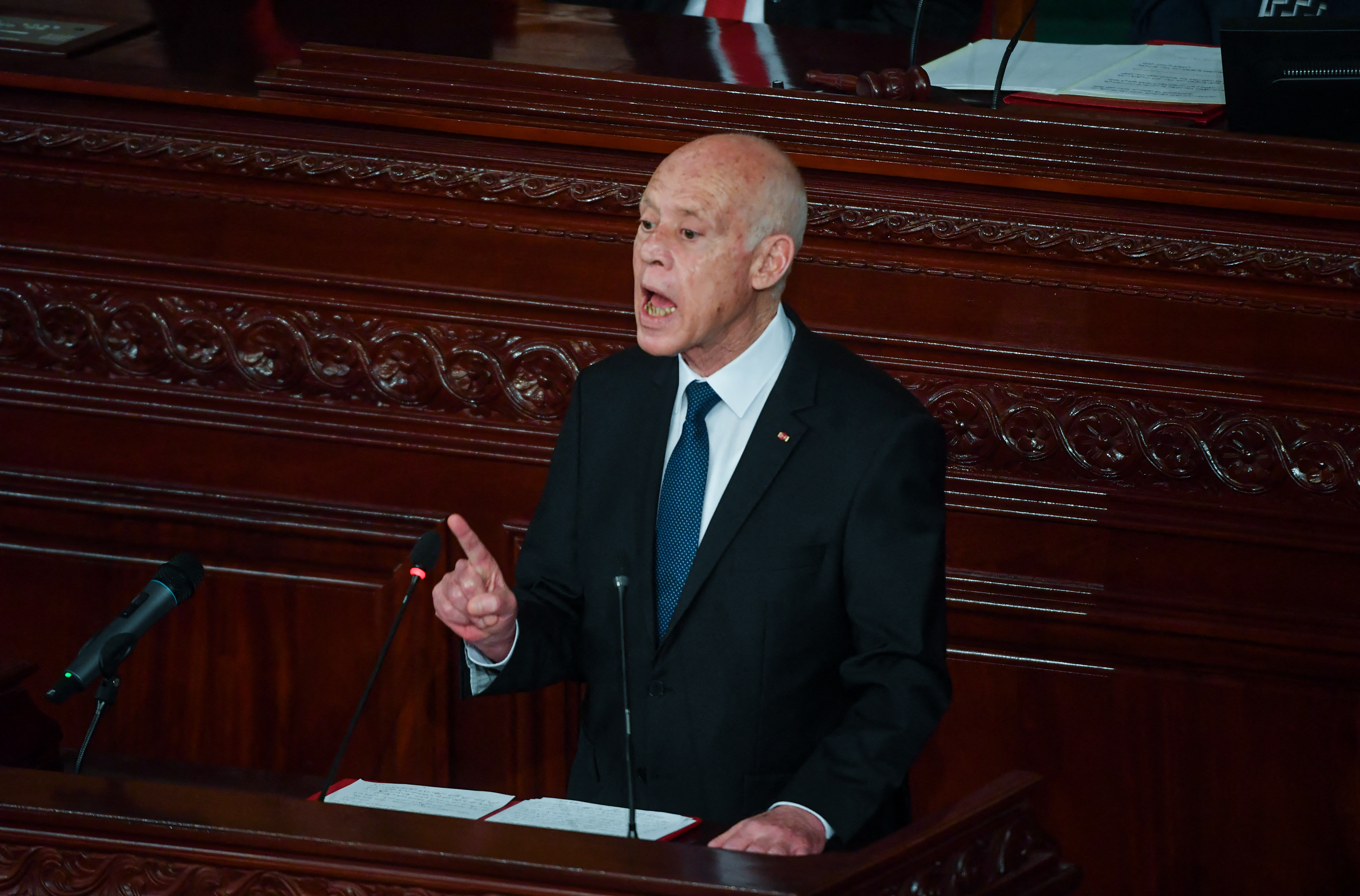 Tunisia's President Kais Saied speaks after his swearing-in ceremony before the National Assembly in Tunis on October 21, 2024. Three years after making a sweeping power grab, Kais Saied was re-elected president of Tunisia with 90.69 percent of the votes cast, the ISIE electoral authority announced. (Photo by Fethi Belaid / AFP)