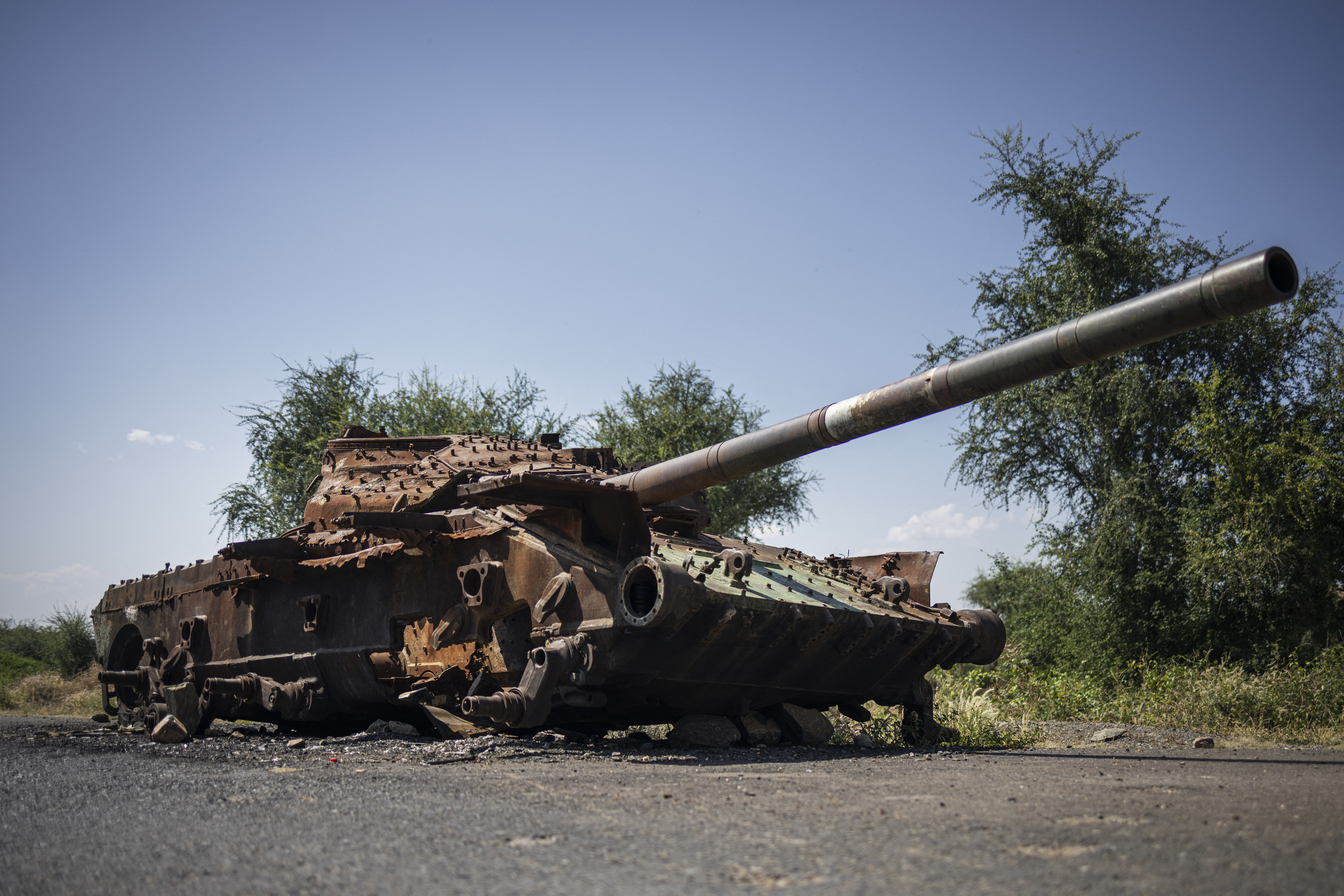 A charred T-72 tank on the road that connects Ethiopia's Shiraro and Shire towns in Tigray