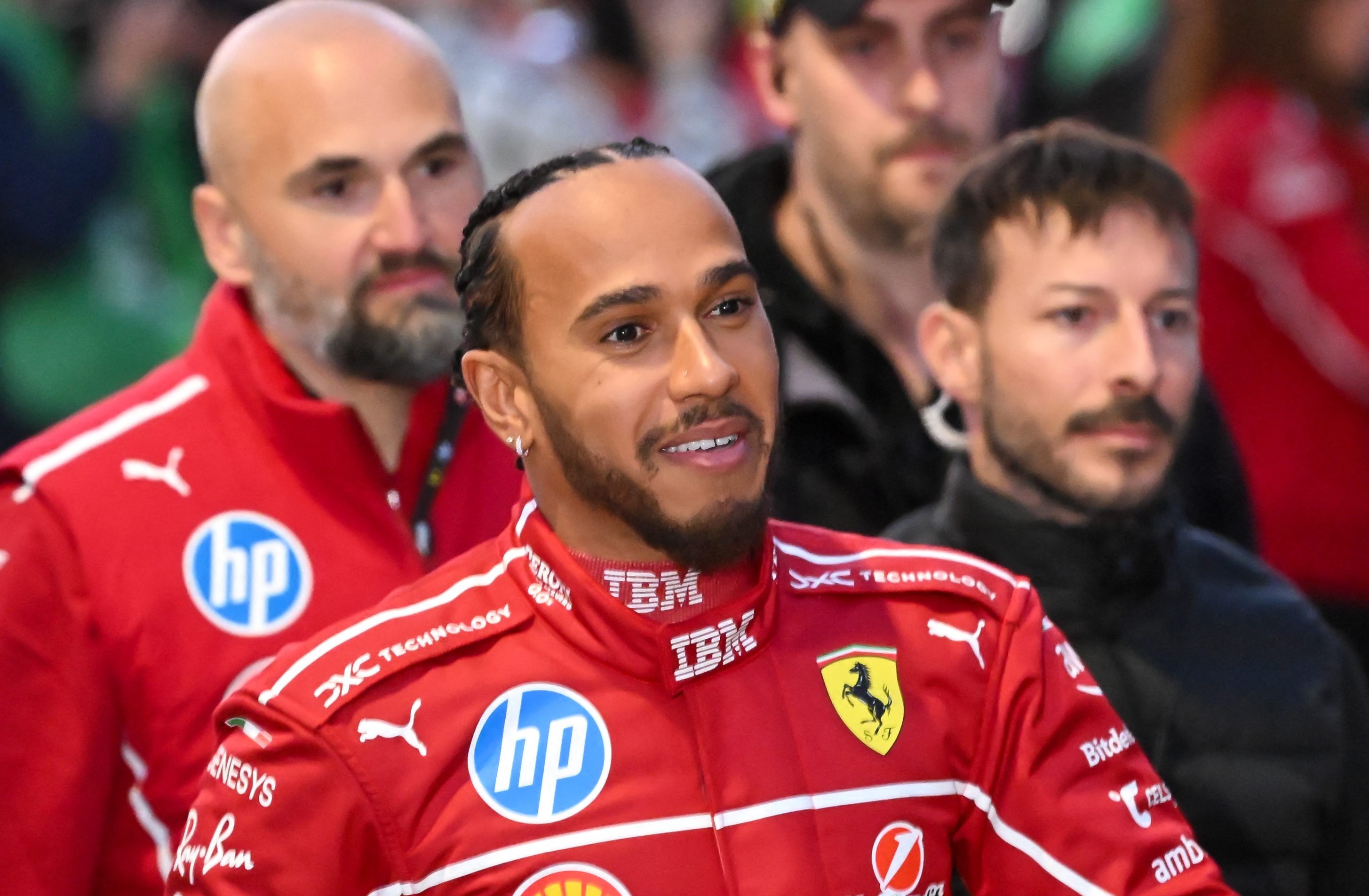 Lewis Hamilton reacts.