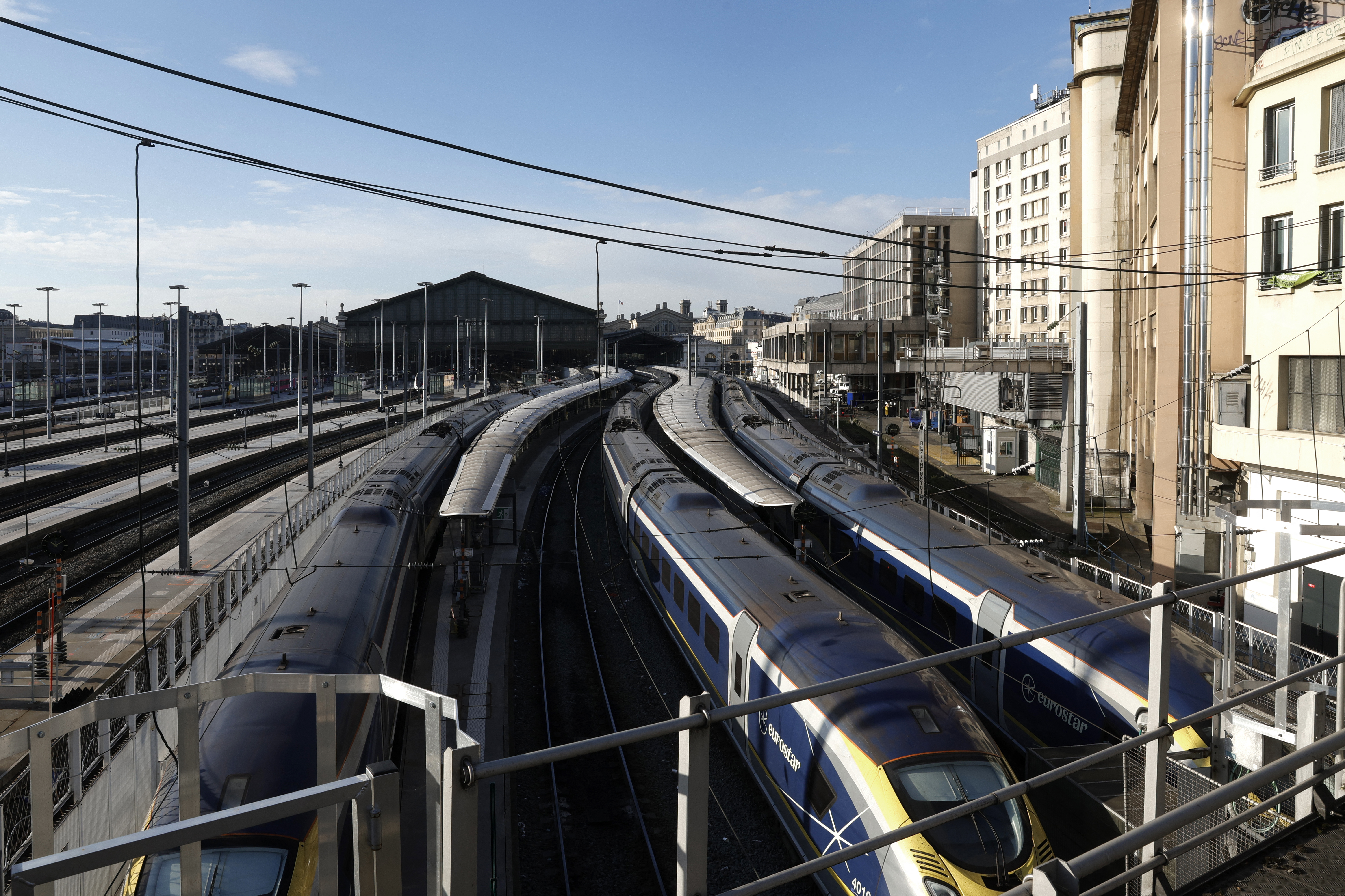 This photograph shows international high-speed rail service trains Eurostar parked at platforms as traffic has been stopped at the Gare du Nord station in Paris on March 7, 2025, following the discovery of a World War II bomb. Railway services at the Gare du Nord station, that have been interrupted on March 7