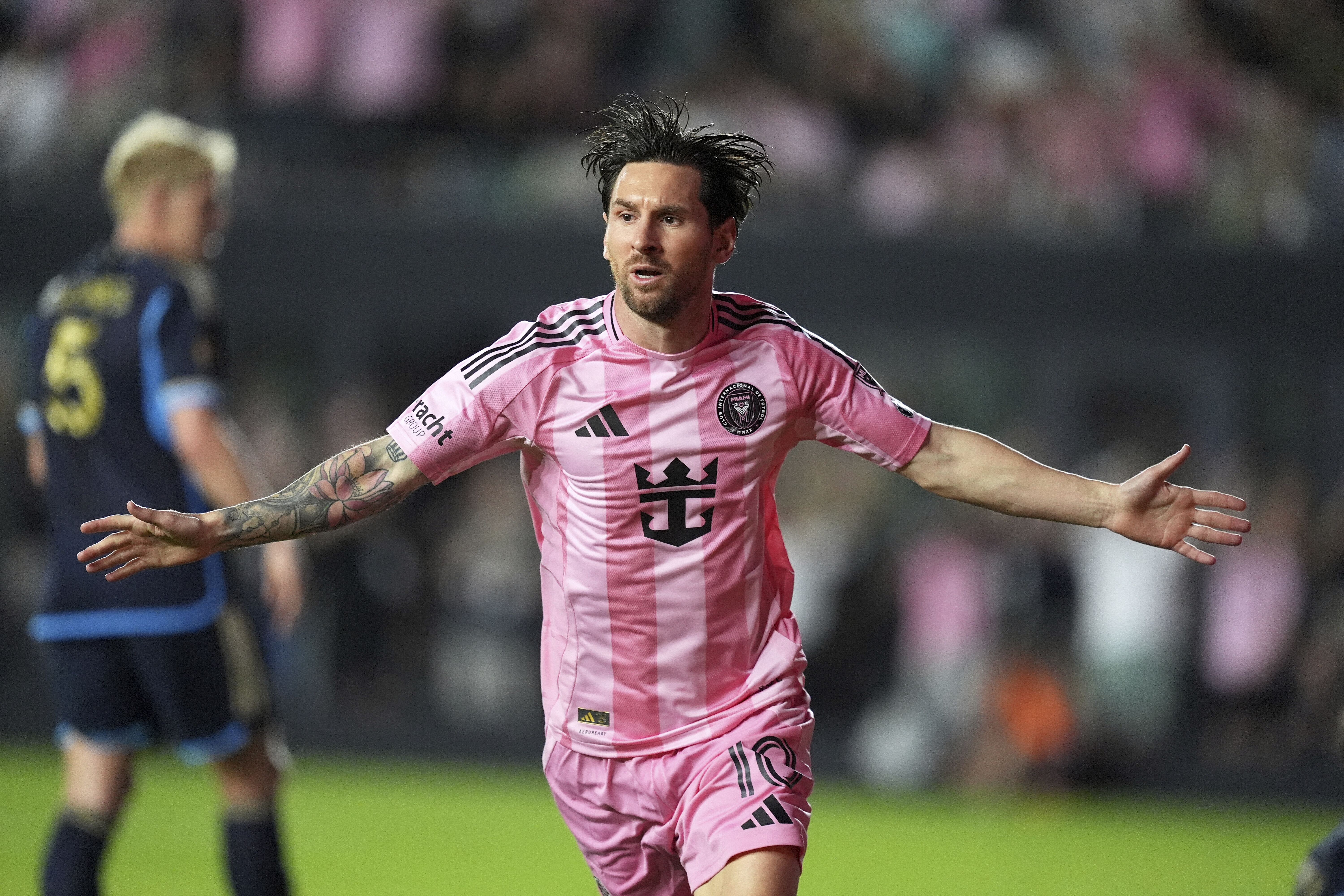Lionel Messi celebrates scoring his side's second goal.