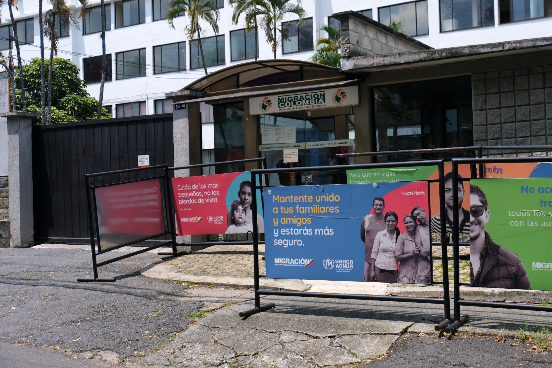 The exterior of a government immigration building in Colombia