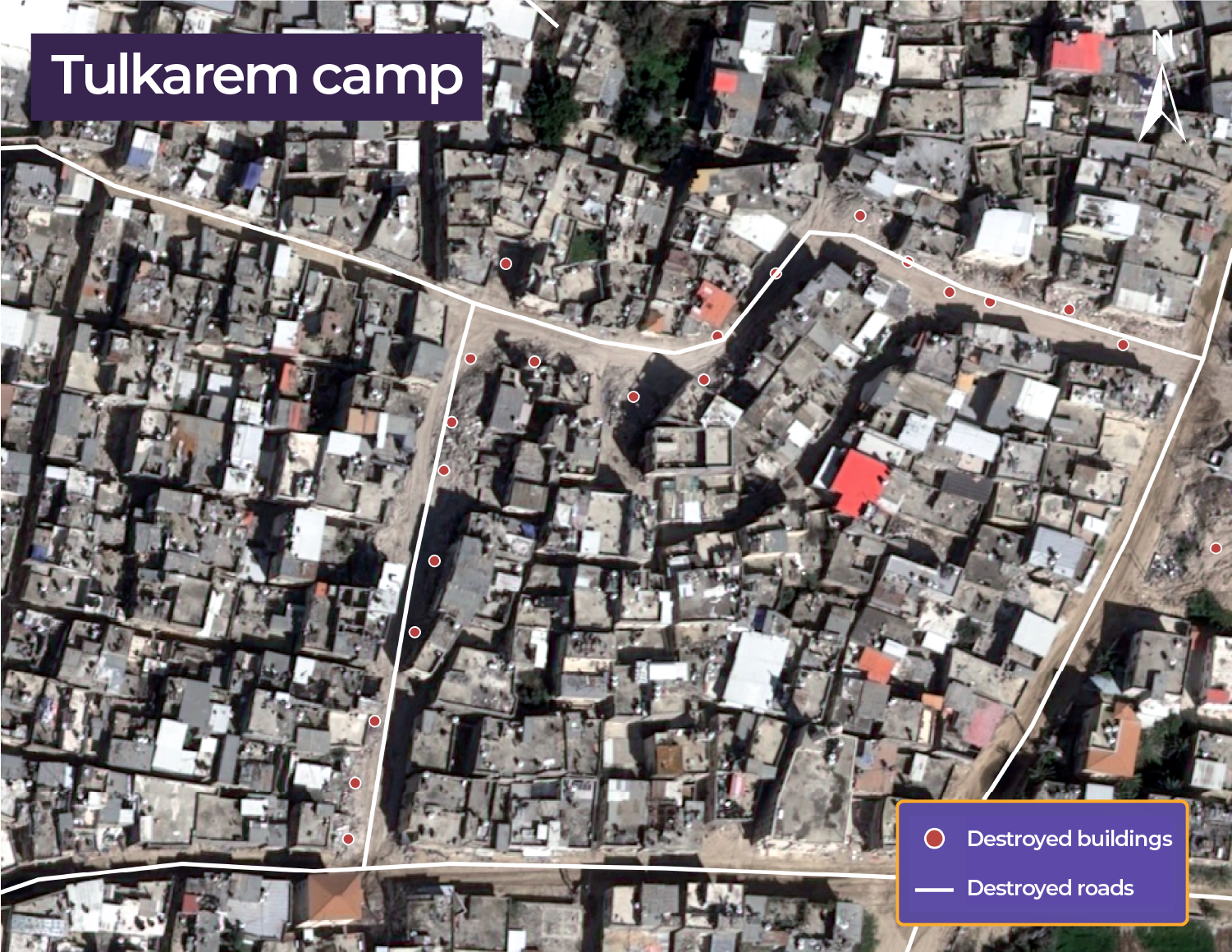 Satellite image showing destroyed buildings and roads in Tulkarem refugee camp, March 12, 2025 [Airbus]