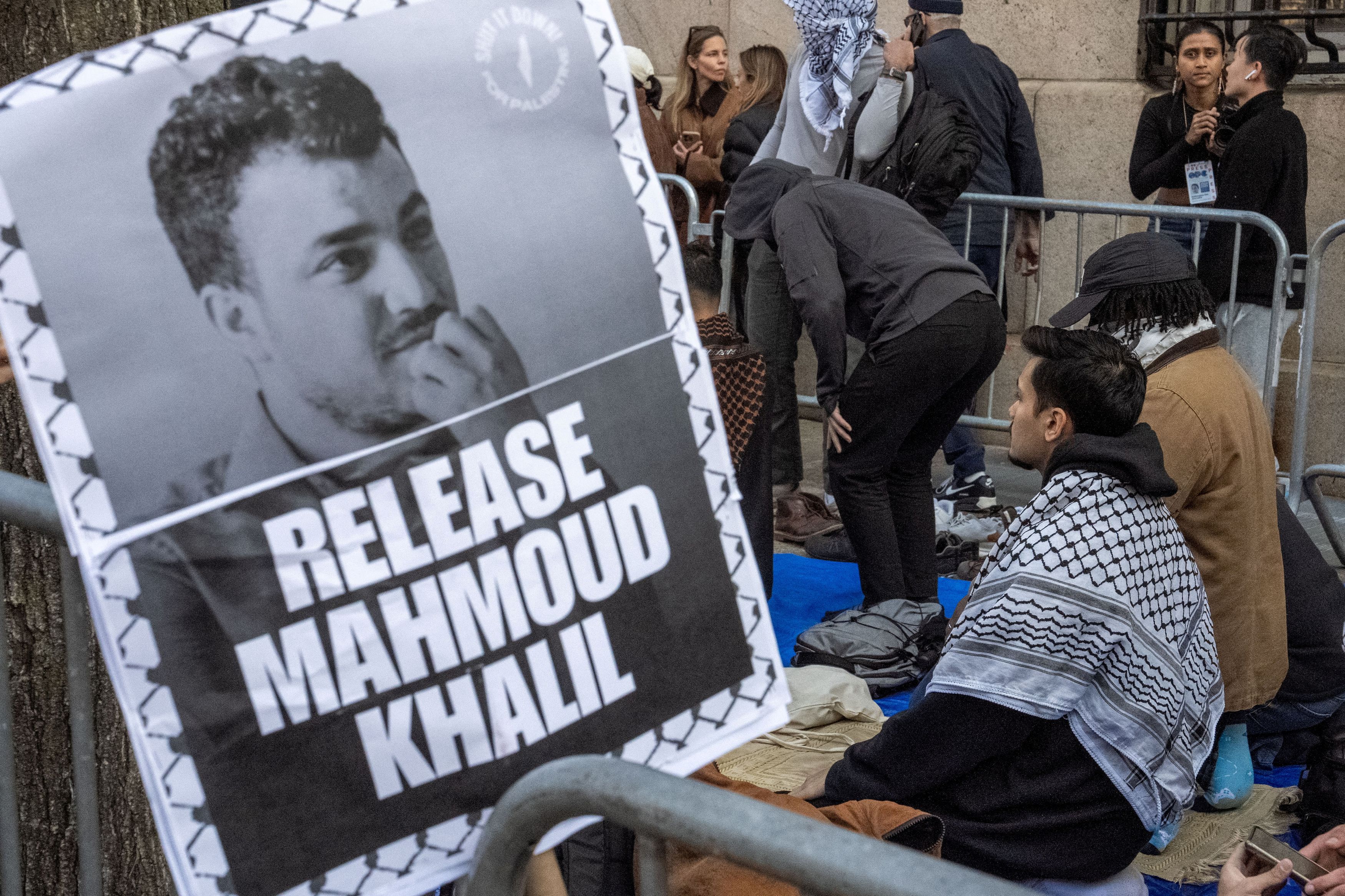 Muslim protestors pray outside the main campus of Columbia University during a demonstration [File: David Dee Delgado/Reuters]
