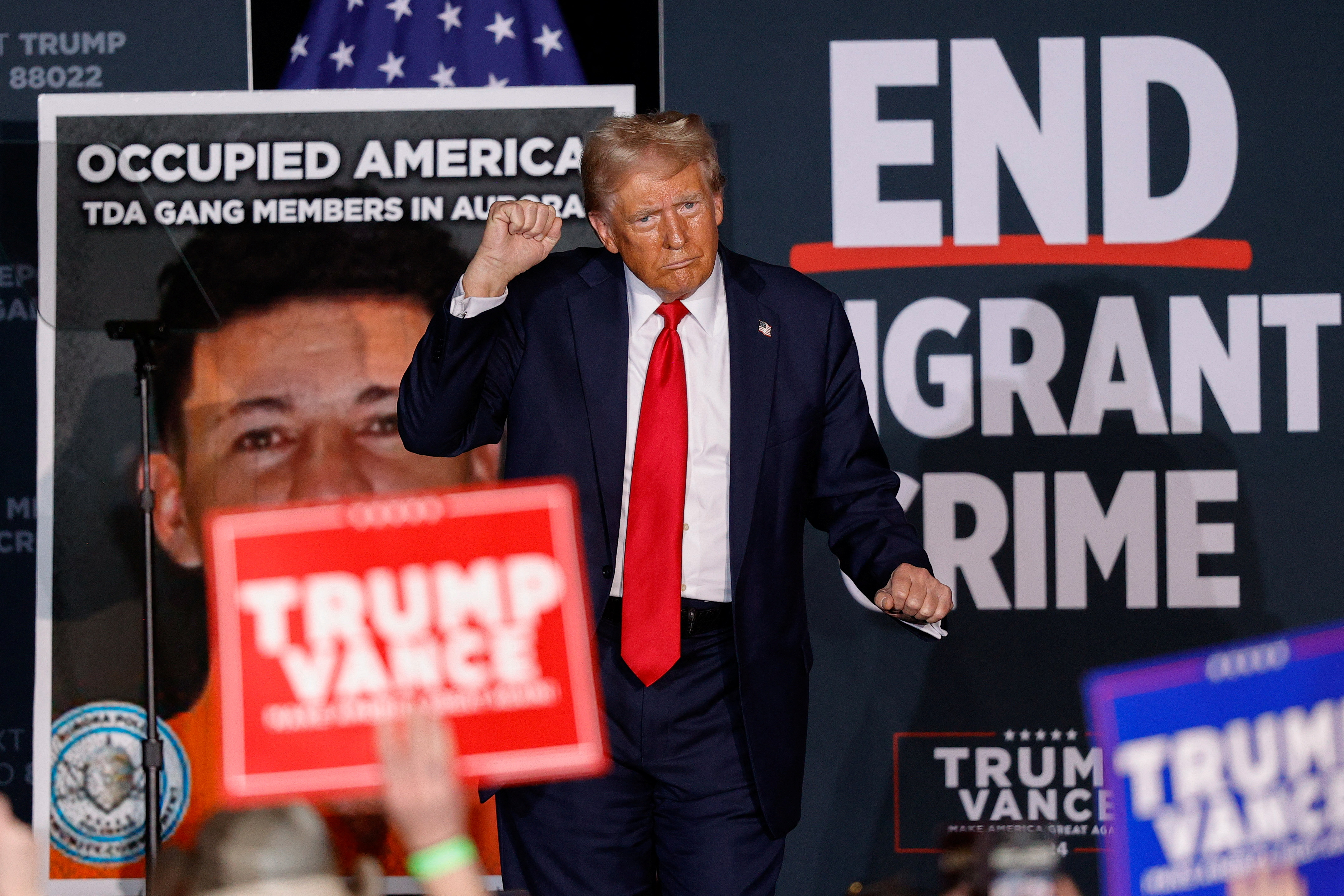 Republican presidential nominee and former U.S. President Donald Trump dances during his rally at Gaylord Rockies Resort and Convention Center in Aurora, Colorado, U.S., October 11, 2024. REUTERS/Isaiah J. Downing