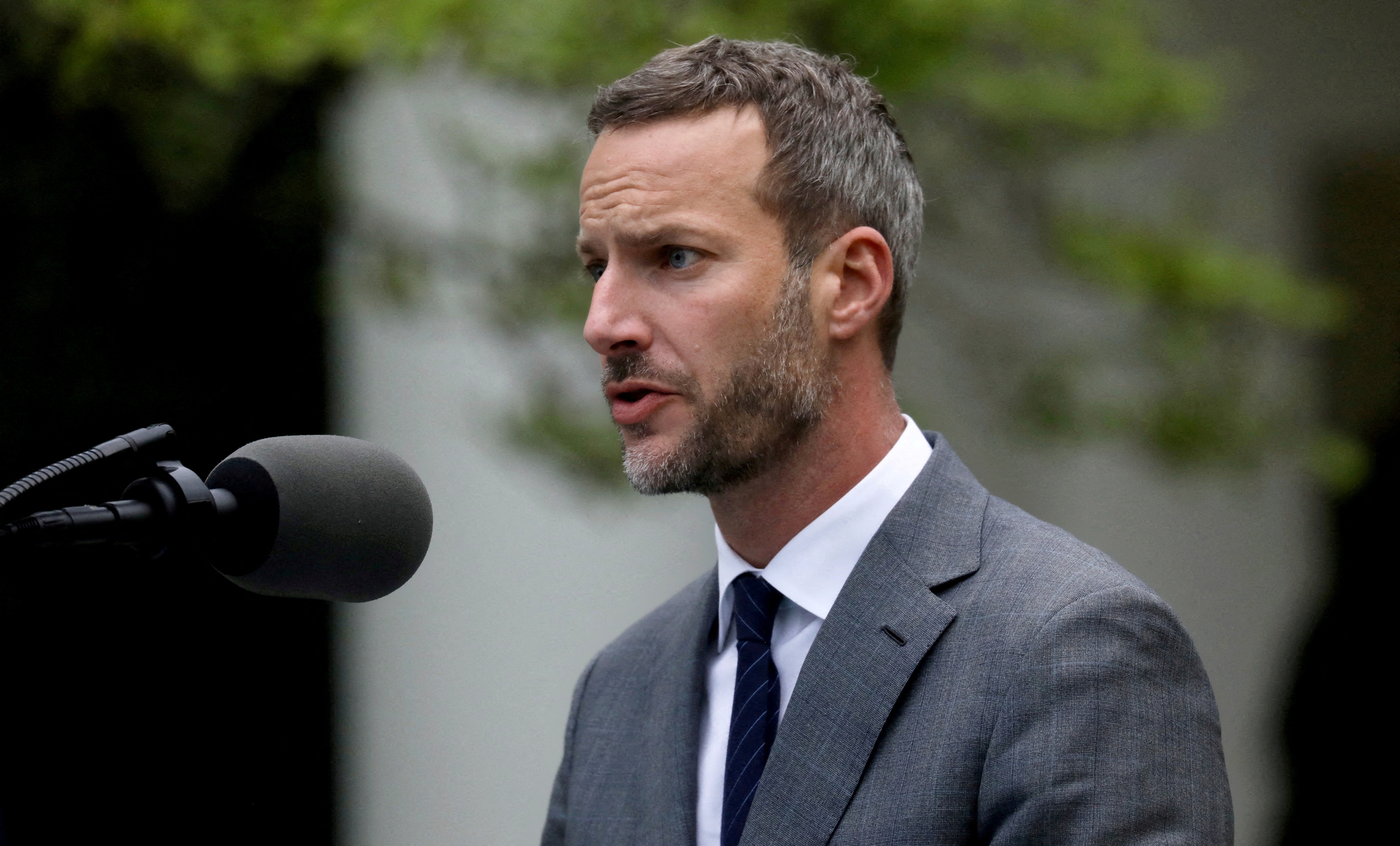 FILE PHOTO: Adam Boehler, U.S. President Donald Trump's Special Envoy for Hostage Affairs, addresses the daily coronavirus task force briefing when he was CEO of the U.S. International Development Finance Corporation, in the Rose Garden at the White House in Washington, U.S., April 14, 2020. REUTERS/Leah Millis/File Photo