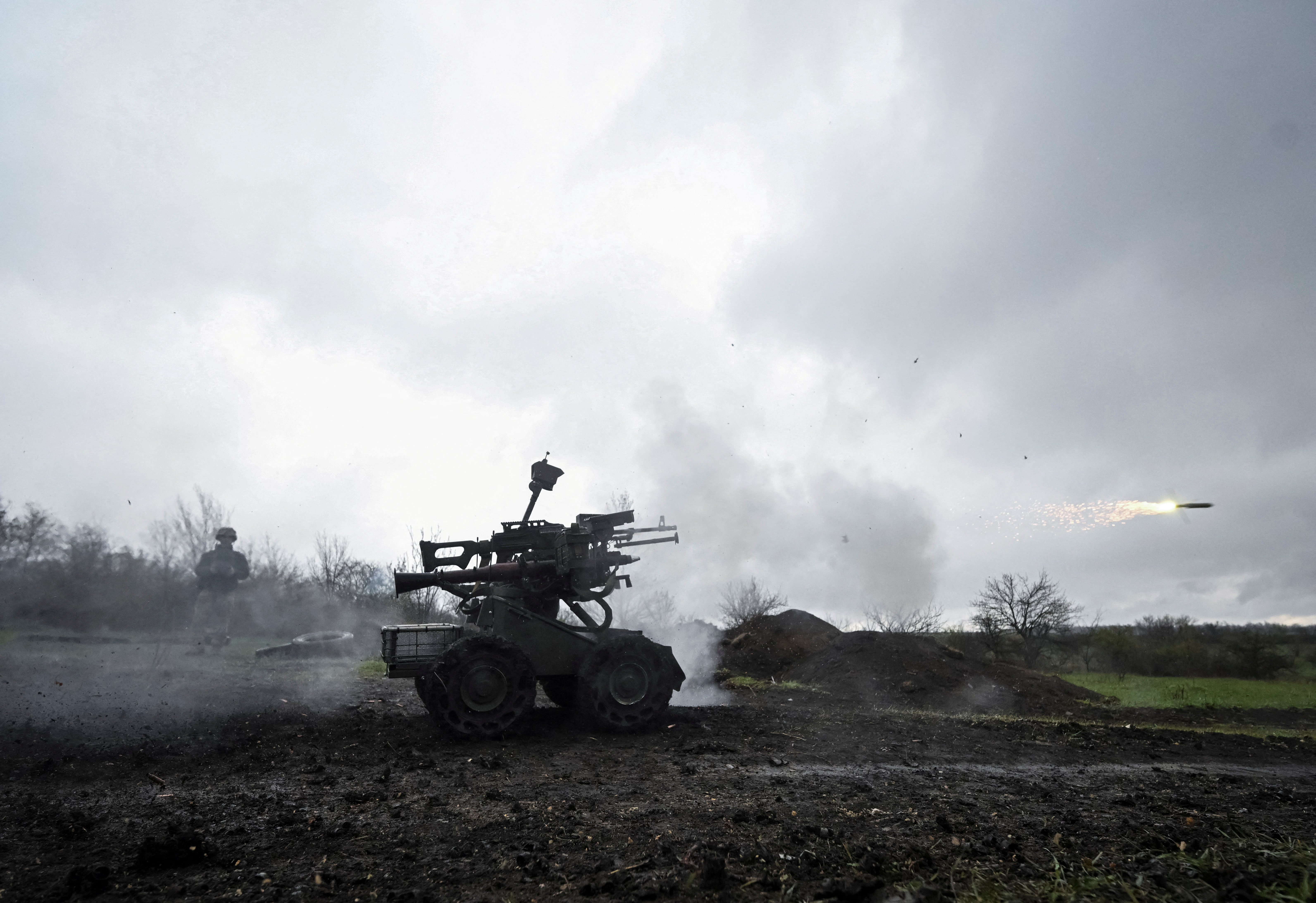 A member of the 65th Separate Mechanized Brigade of the Armed Forces of Ukraine fires a RPG-7 grenade launcher