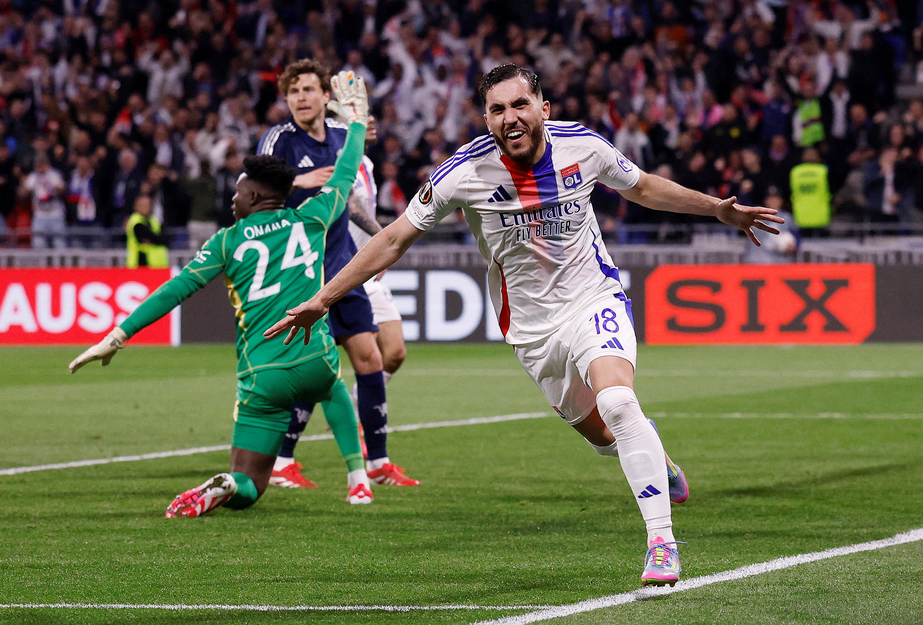 Soccer Football - Europa League - Quarter Final - First Leg - Olympique Lyonnais v Manchester United - Groupama Stadium, Lyon, France - April 10, 2025 Olympique Lyonnais' Rayan Cherki celebrates scoring their second goal Action Images via Reuters/Andrew Couldridge TPX IMAGES OF THE DAY
