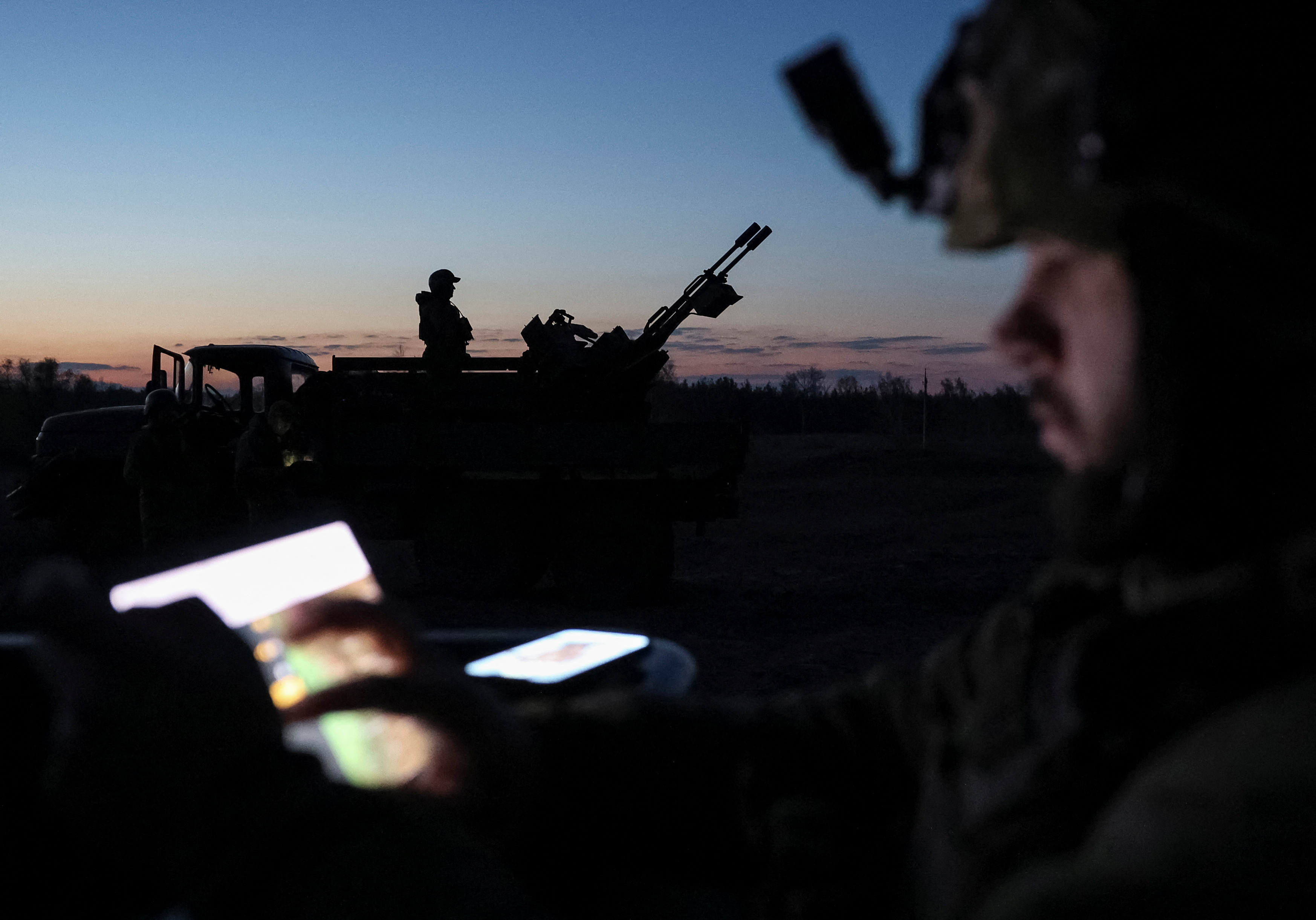 Servicemen from anti-drone mobile air defence unit of 115th Separate Mechanized Brigade of the Ukrainian Armed Forces are seen at their position in Ukraine, on April 15, 2025 [Anatolii Stepanov/Reuters]