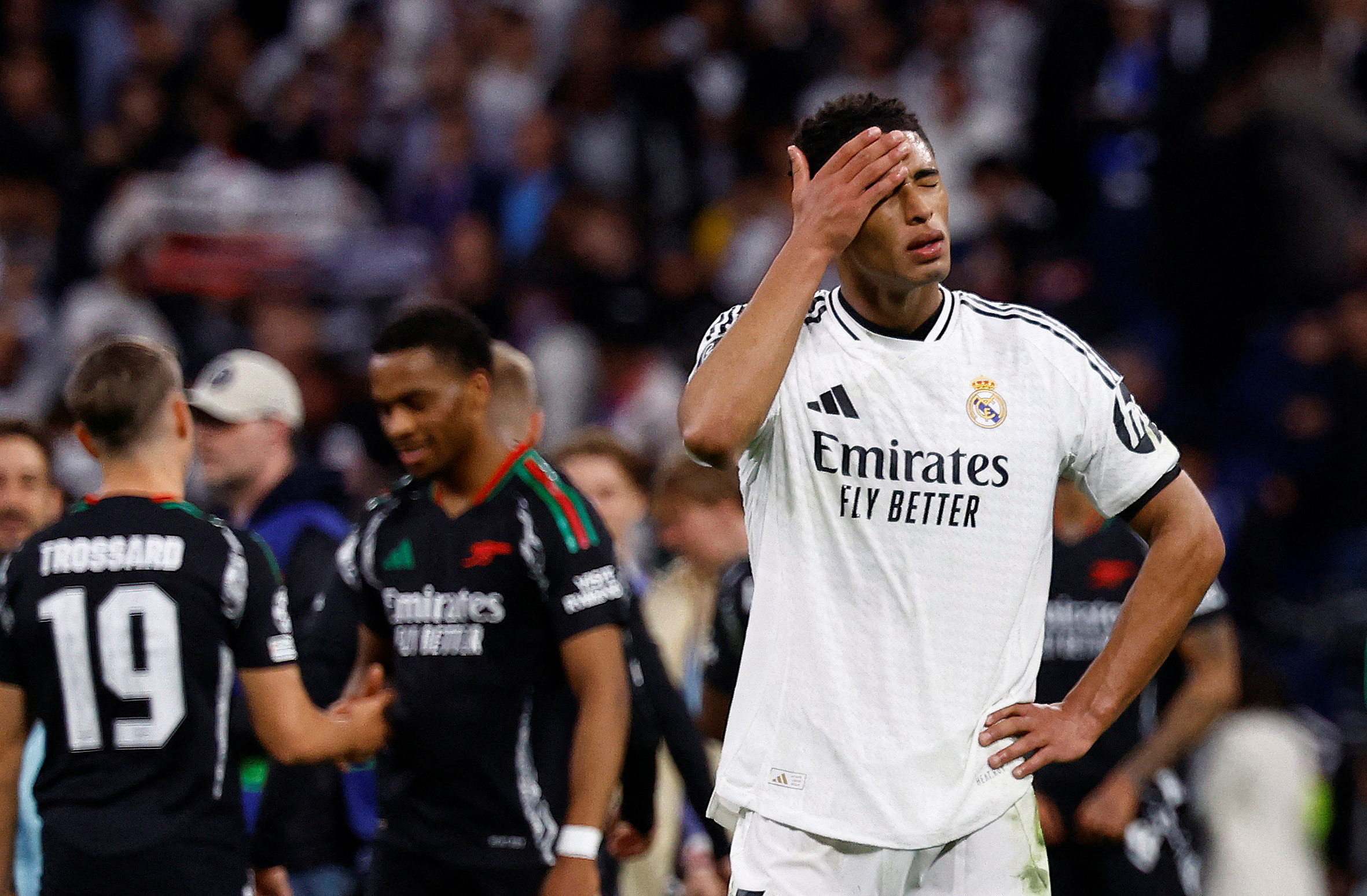 Soccer Football - Champions League - Quarter Final - Second Leg - Real Madrid v Arsenal - Santiago Bernabeu, Madrid, Spain - April 16, 2025 Real Madrid's Jude Bellingham looks dejected after the match REUTERS/Susana Vera TPX IMAGES OF THE DAY
