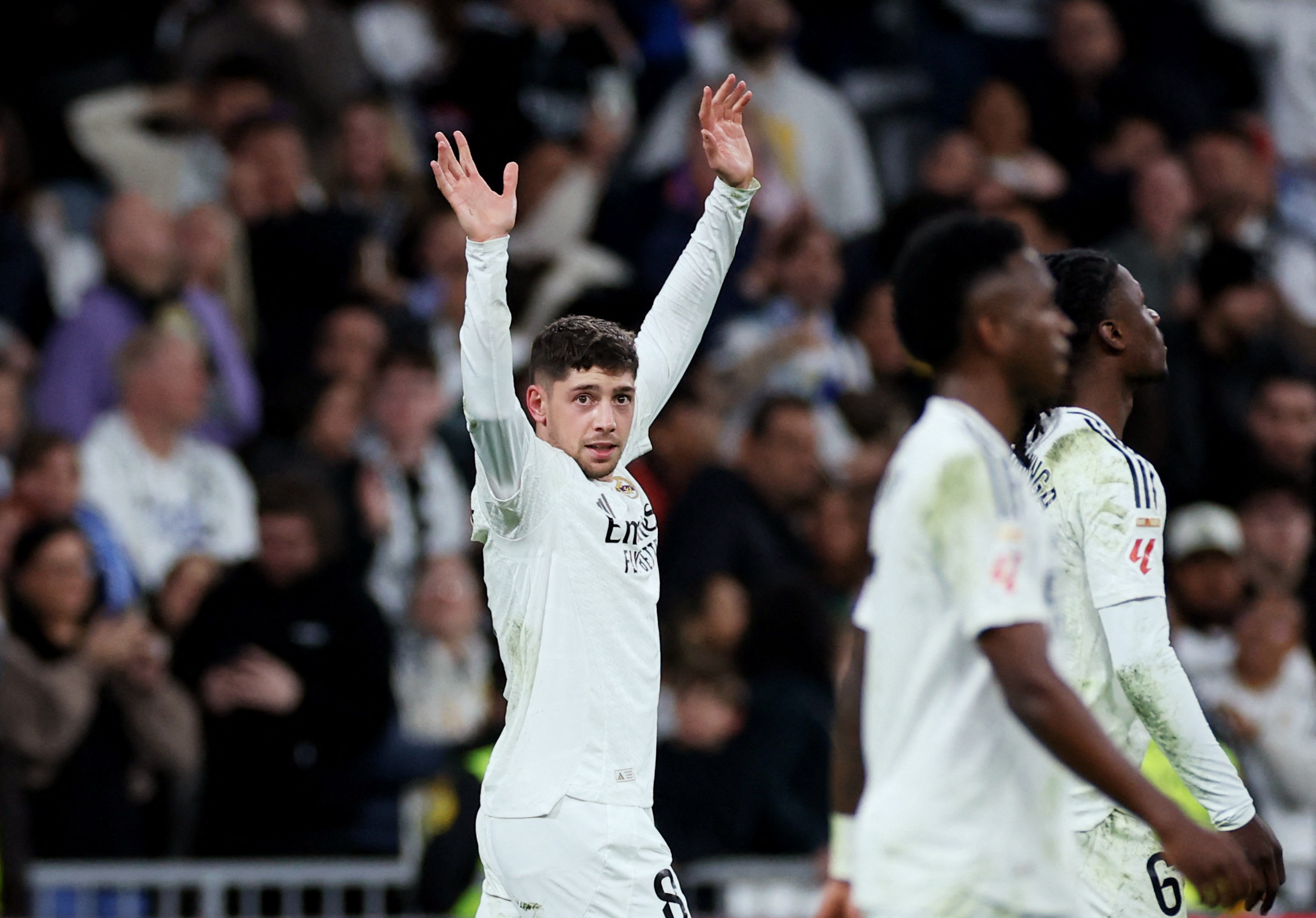 Soccer Football - LaLiga - Real Madrid v Athletic Bilbao - Santiago Bernabeu, Madrid, Spain - April 20, 2025 Real Madrid's Federico Valverde celebrates scoring their first goal REUTERS/Isabel Infantes