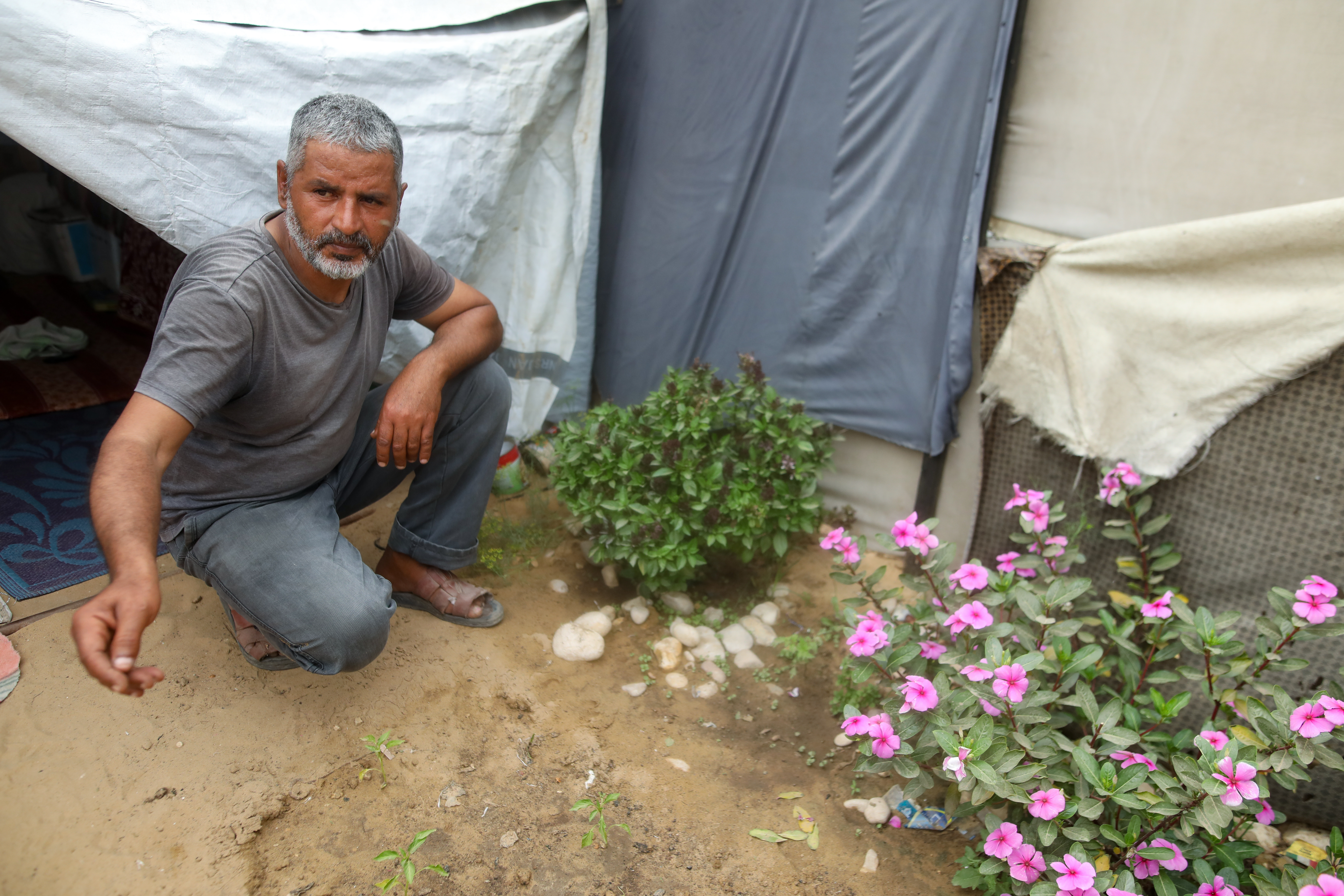 Anwar crouching next to a flowerbed that Rifaat planted