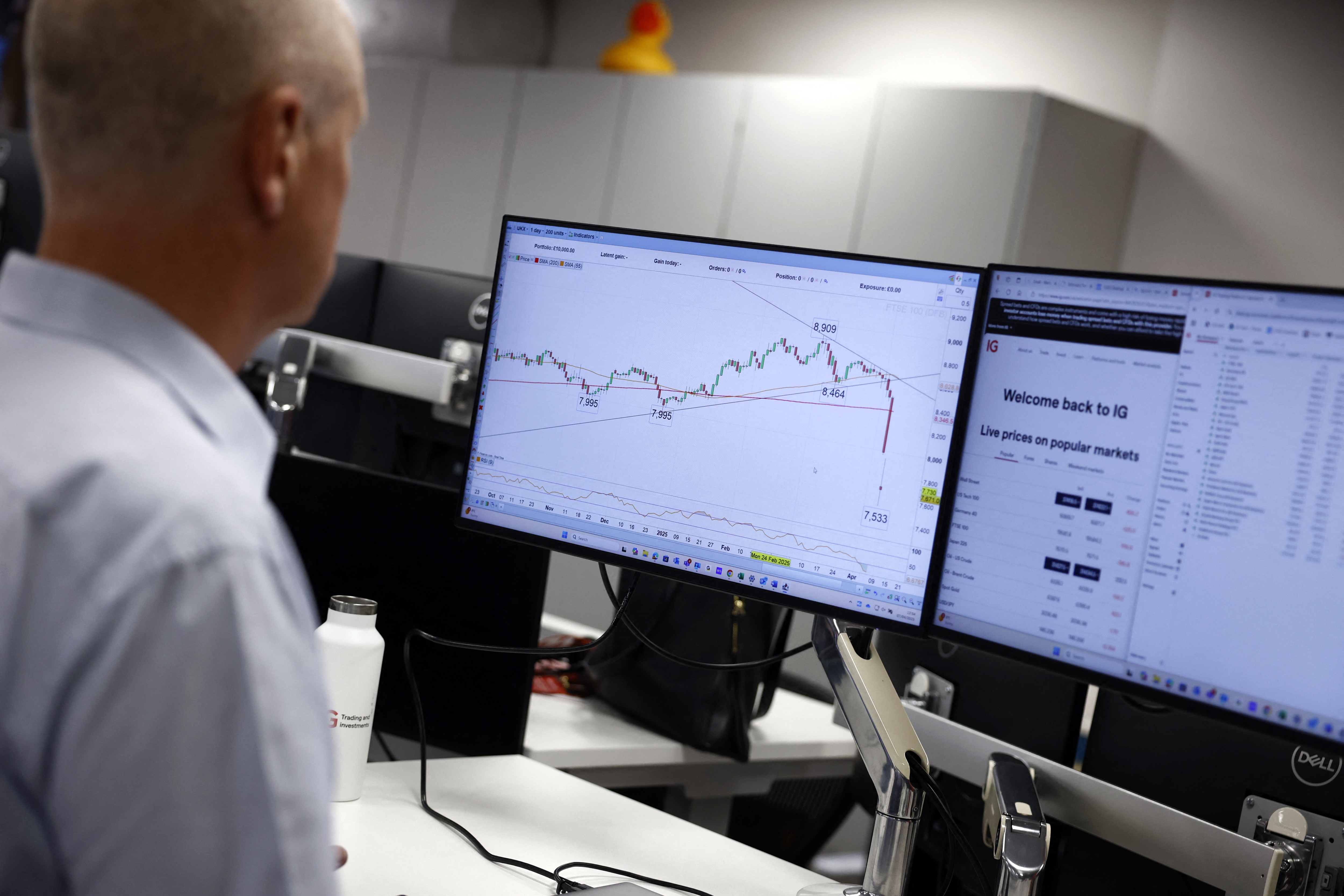 A senior analyst monitors a screen displaying the FTSE 100 index at IG Group in London [File: Benjamin Cremel/AFP]