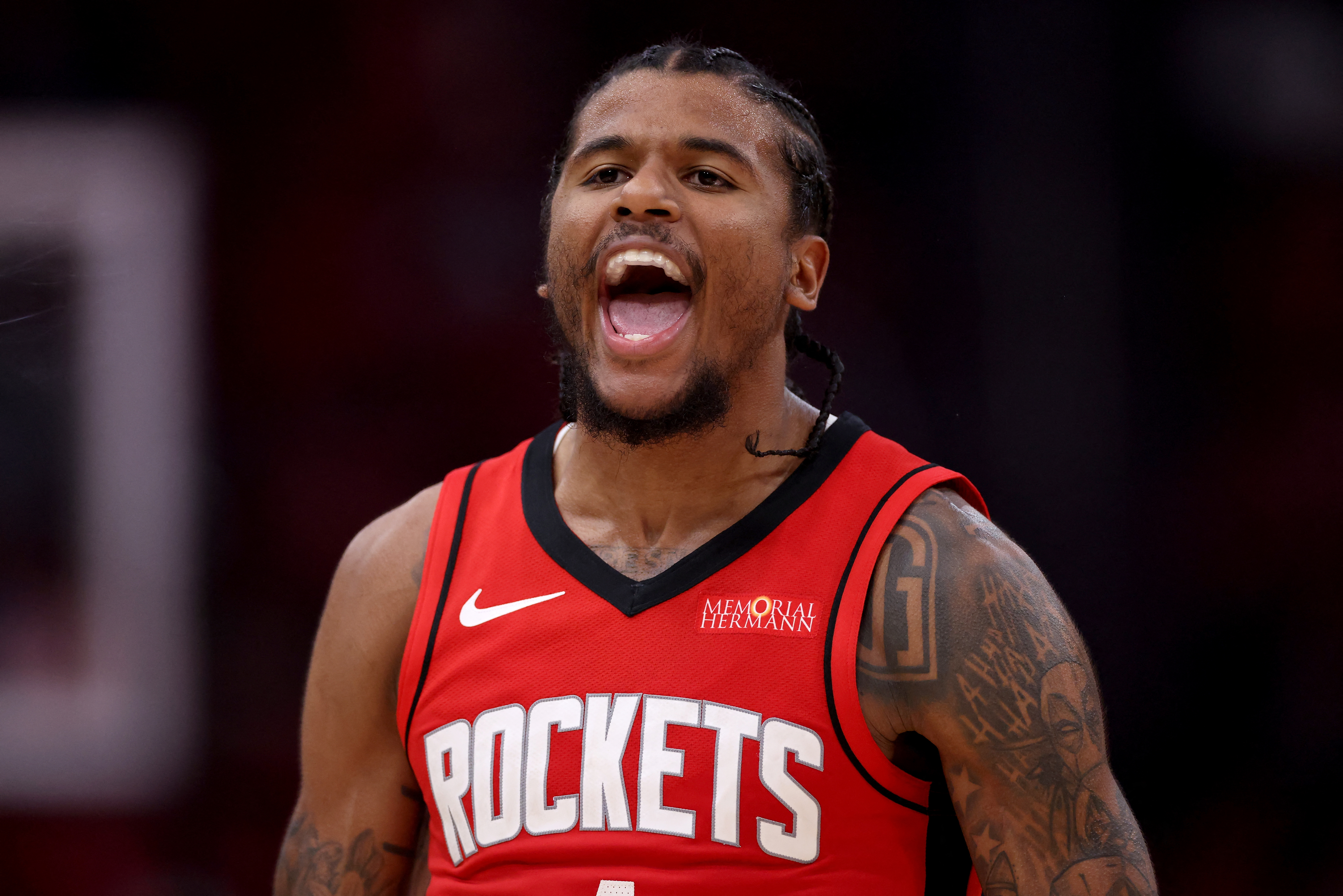 HOUSTON, TEXAS - APRIL 23: Jalen Green #4 of the Houston Rockets reacts after a three-point shot in the second half against the Golden State Warriors in Game Two of the Western Conference First Round NBA Playoffs at Toyota Center on April 23, 2025 in Houston, Texas. NOTE TO USER: User expressly acknowledges and agrees that, by downloading and or using this photograph, User is consenting to the terms and conditions of the Getty Images License Agreement. Tim Warner/Getty Images/AFP (Photo by Tim Warner / GETTY IMAGES NORTH AMERICA / Getty Images via AFP)