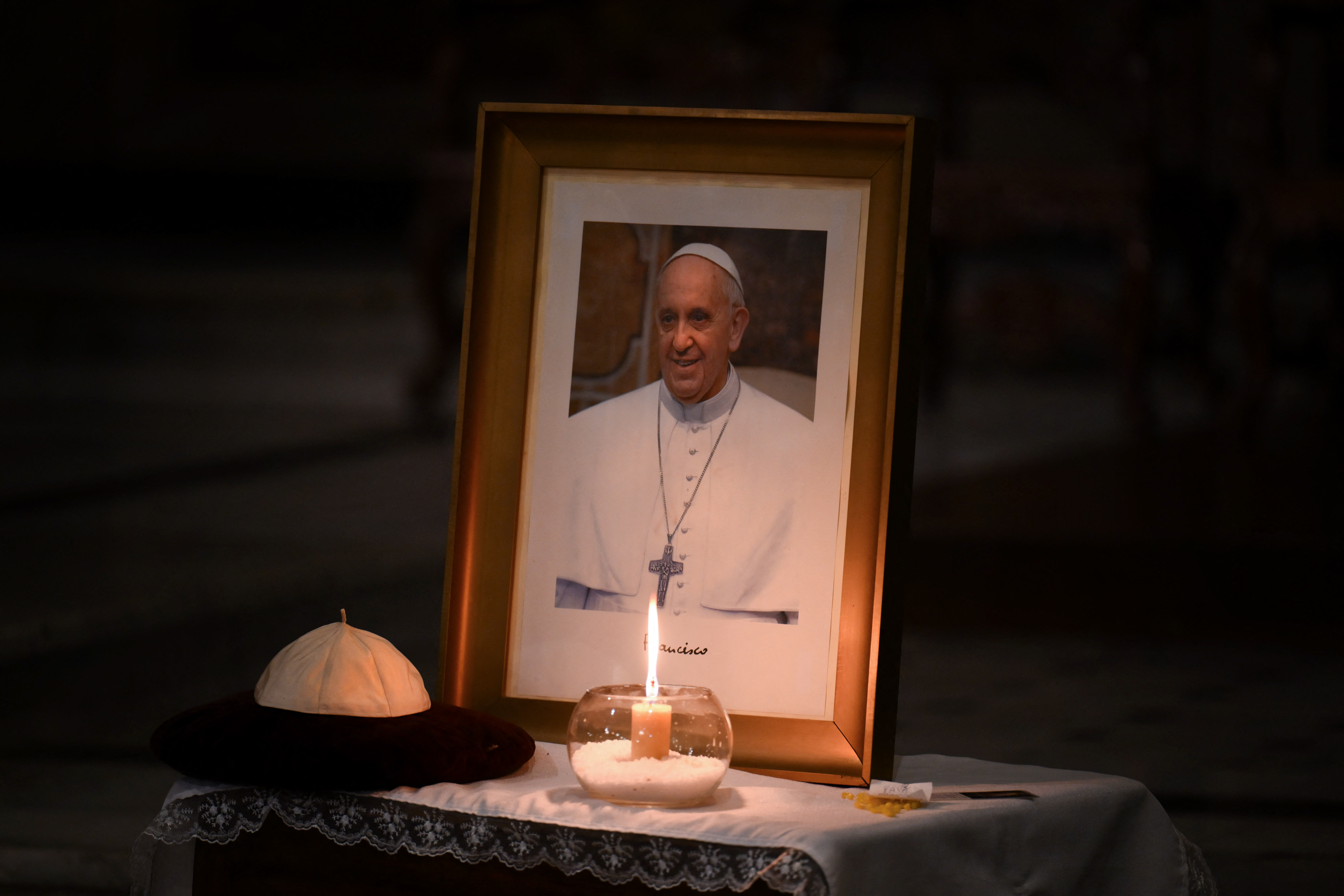 A portrait of the late Pope Francis.