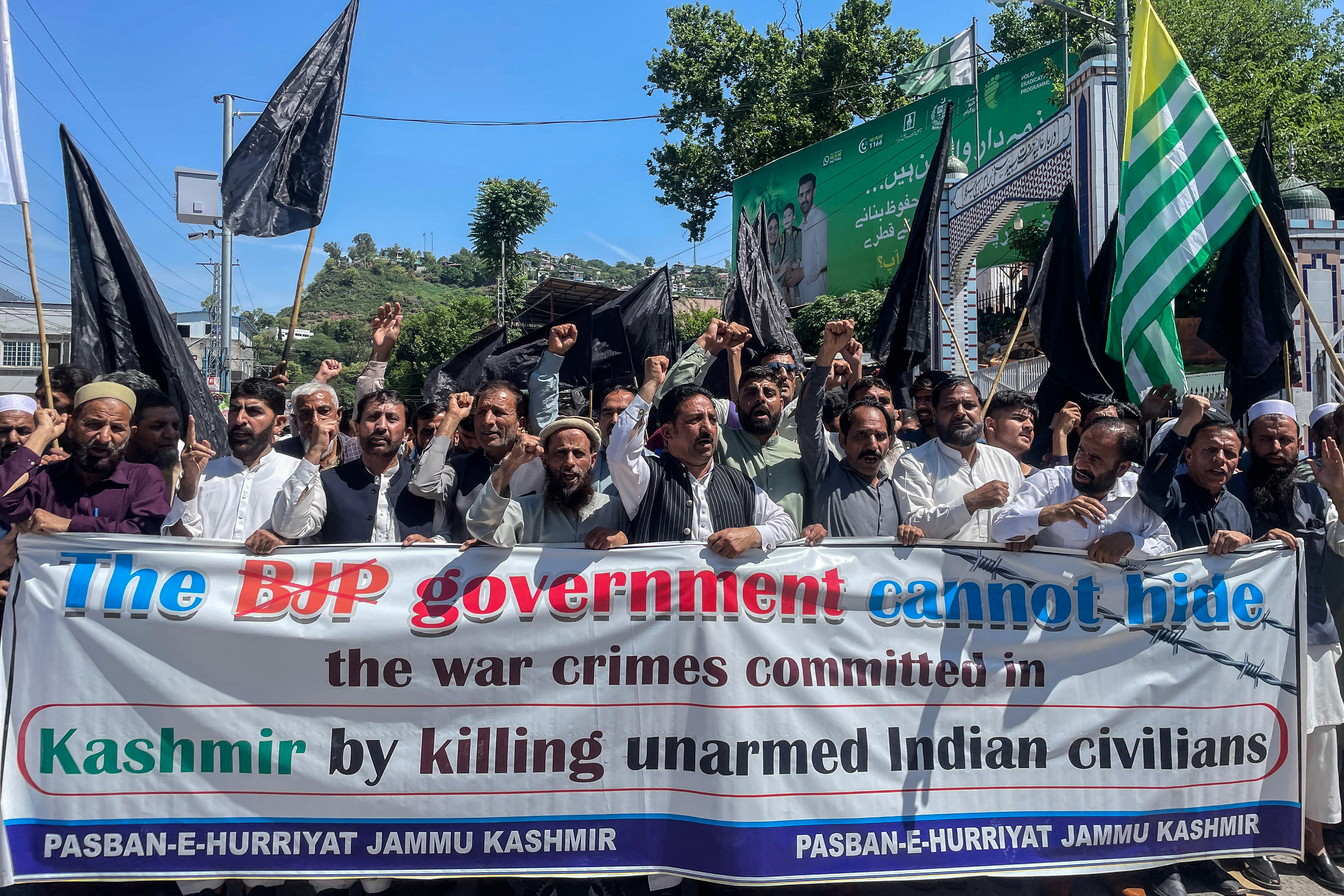 Activists and members of Pasban-e-Hurriyat, a Kashmiri refugee organisation, shout slogans during an anti-India protest in Muzaffarabad, the capital of Pakistan-occupied Kashmir (PoK), on April 25, 2025.