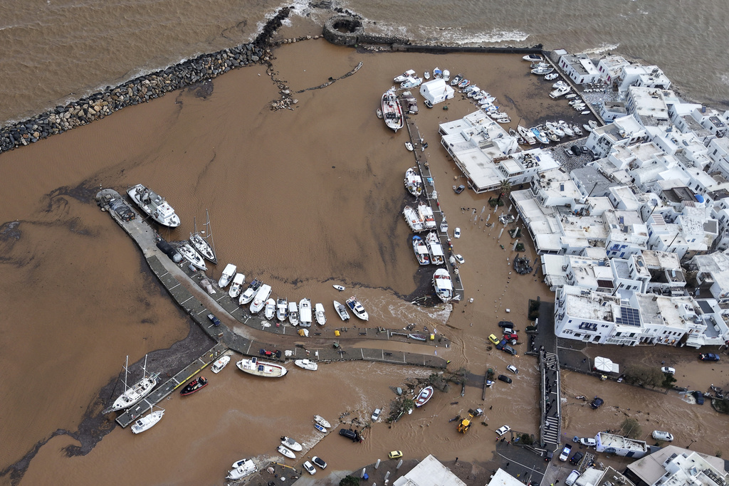 An aerial photograph taken by a drone shows the port of Naousa in Greece after floods