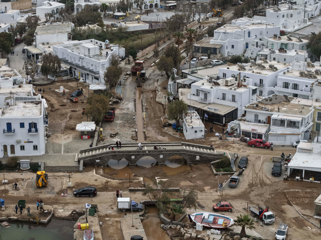 An aerial photograph taken by a drone shows the port of Naousa in Greece after floods