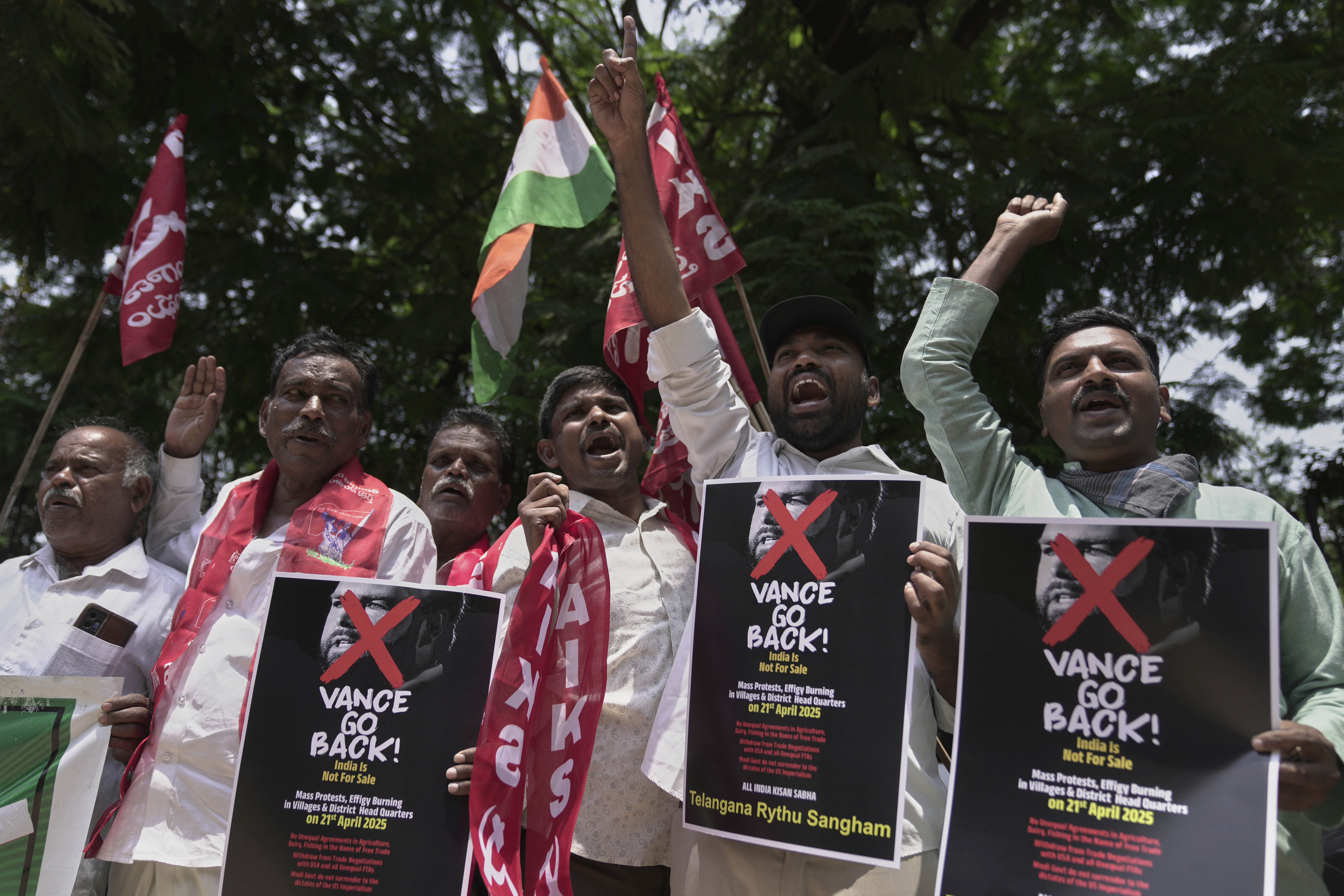 Activists of Samyukt Kisan Morcha shout slogans during a protest against the visit of U.S. Vice President JD Vance to India, in Hyderabad, India, Monday, April 21, 2025. (AP Photo/Mahesh Kumar A.)