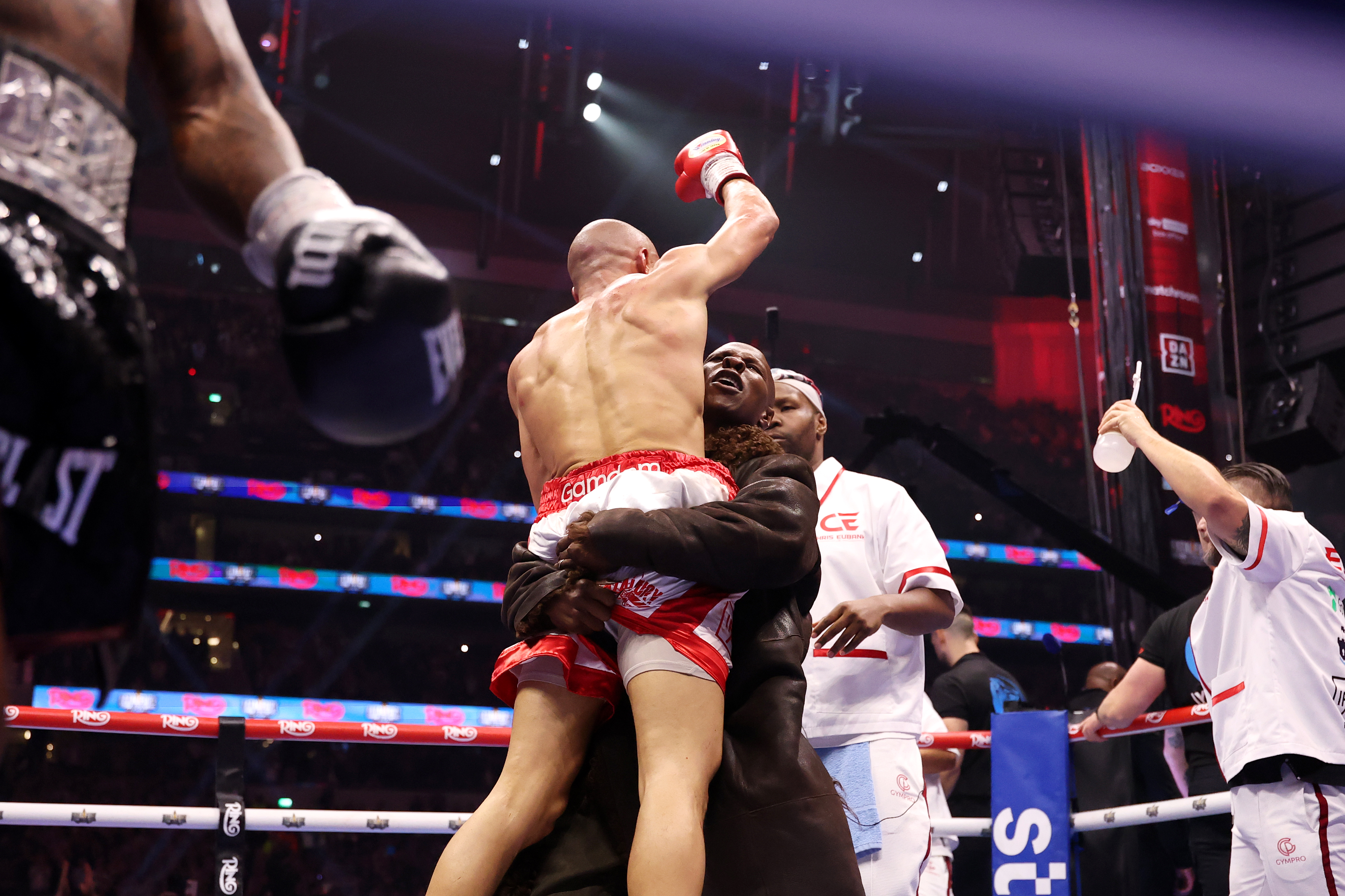 LONDON, ENGLAND - APRIL 26: Chris Eubank Jr celebrates with Chris Eubank, Former Professional Boxer and Father to Chris Eubank Jr, after victory against Conor Benn in the Middleweight fight between Chris Eubank Jr and Conor Benn as part of the Fatal Fury - Fight Night at Tottenham Hotspur Stadium on April 26, 2025 in London, England. (Photo by Richard Pelham/Getty Images)
