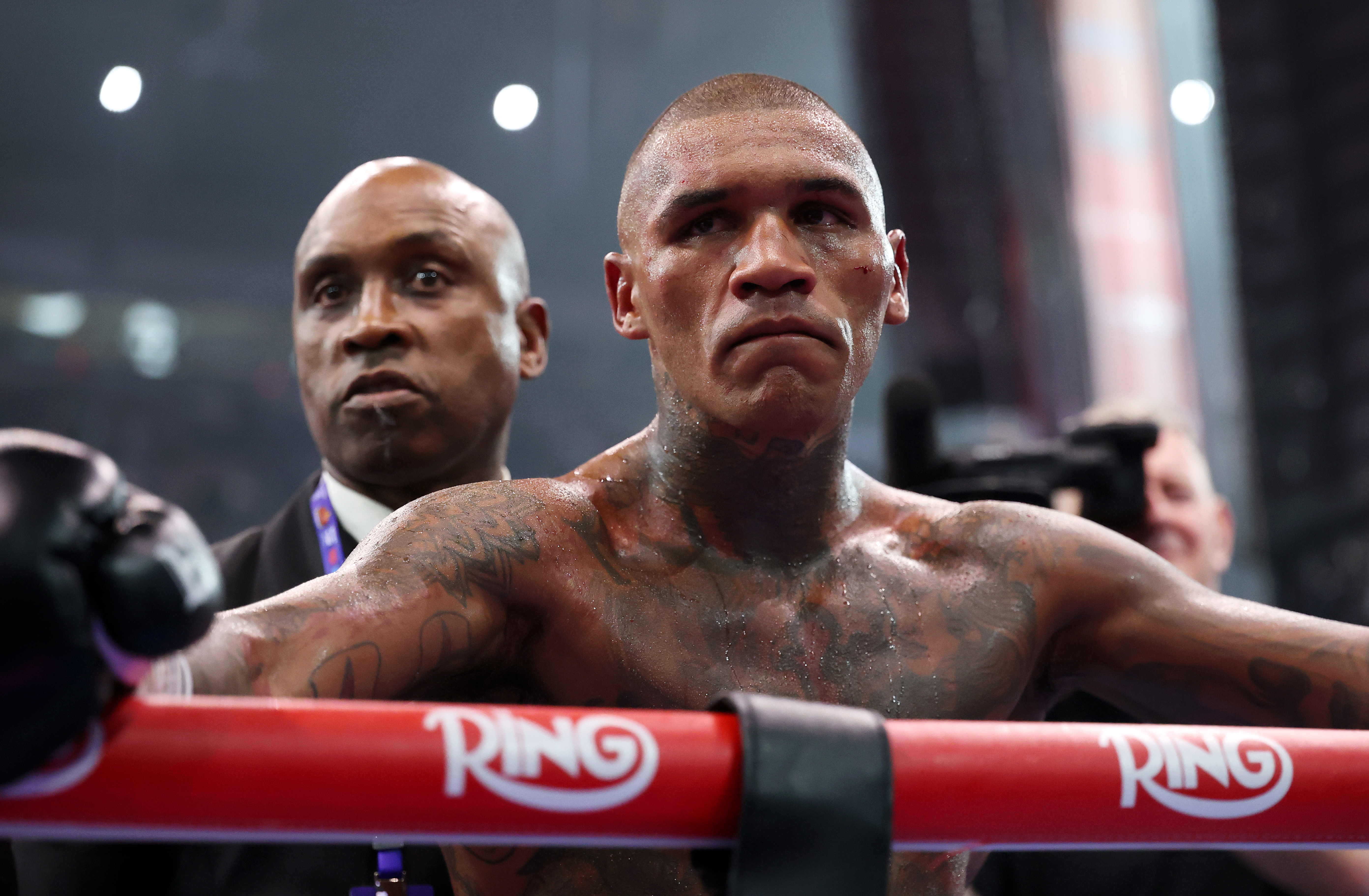 LONDON, ENGLAND - APRIL 26: Conor Benn looks dejected alongside Nigel Benn, Former Professional Boxer and Father to Conor Benn, after defeat to Chris Eubank Jr in the Middleweight fight between Chris Eubank Jr and Conor Benn as part of the Fatal Fury - Fight Night at Tottenham Hotspur Stadium on April 26, 2025 in London, England. (Photo by Richard Pelham/Getty Images)