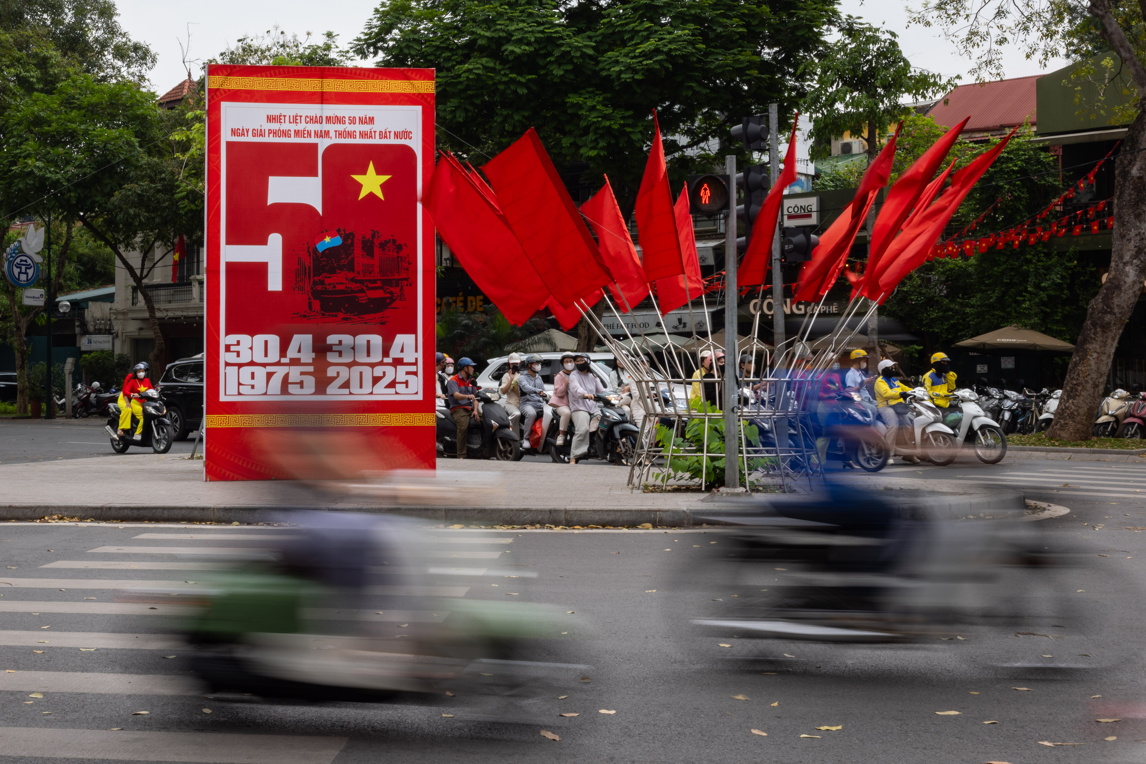 Decorations for April 30th celebrations marking the 50th anniversary of the end of the US war in Vietnam, seen in Hanoi's Ba Dinh neighbourhood, on April 26, 2025 [Chris Trinh/Al Jazeera]