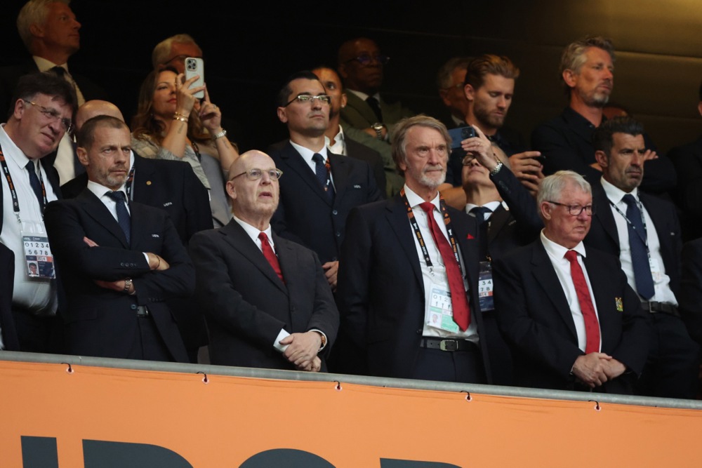 UEFA President Aleksander Ceferin (L), Manchester United Chairman Avram Glazer (2L), major shareholder Jim Ratcliffe (2R) and former coach Sir Alex Ferguson (R) attend the UEFA Europa League final