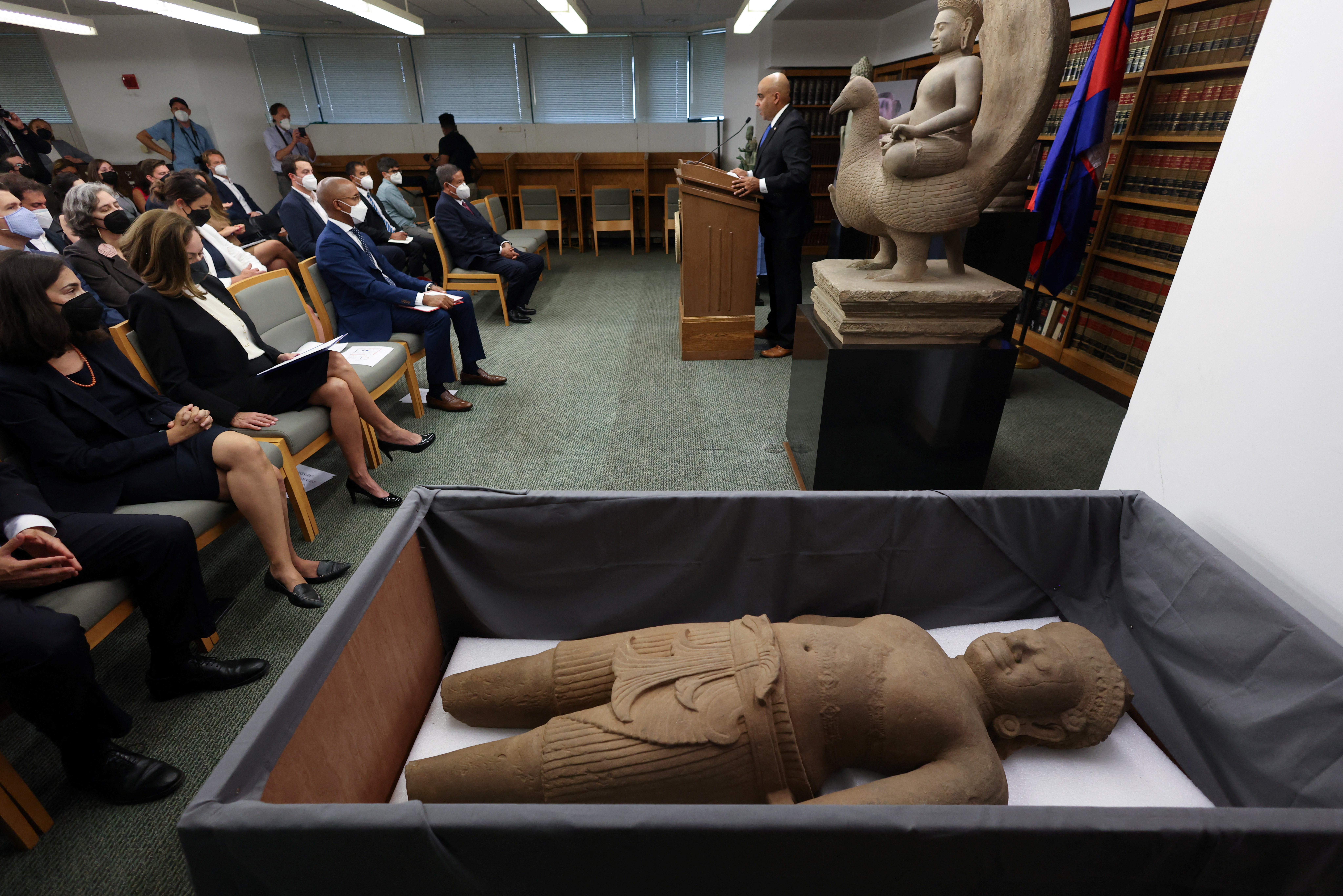Ricky Patel, the Acting Special Agent-in-Charge of the New York Field Office of the Department of Homeland Security, delivers remarks during an announcement of the repatriation and return to Cambodia of 30 Cambodian antiquities sold to U.S. collectors and institutions by Douglas Latchford and seized by the U.S. Attorney's Office in Manhattan, New York City, U.S., August 8, 2022. REUTERS/Andrew Kelly