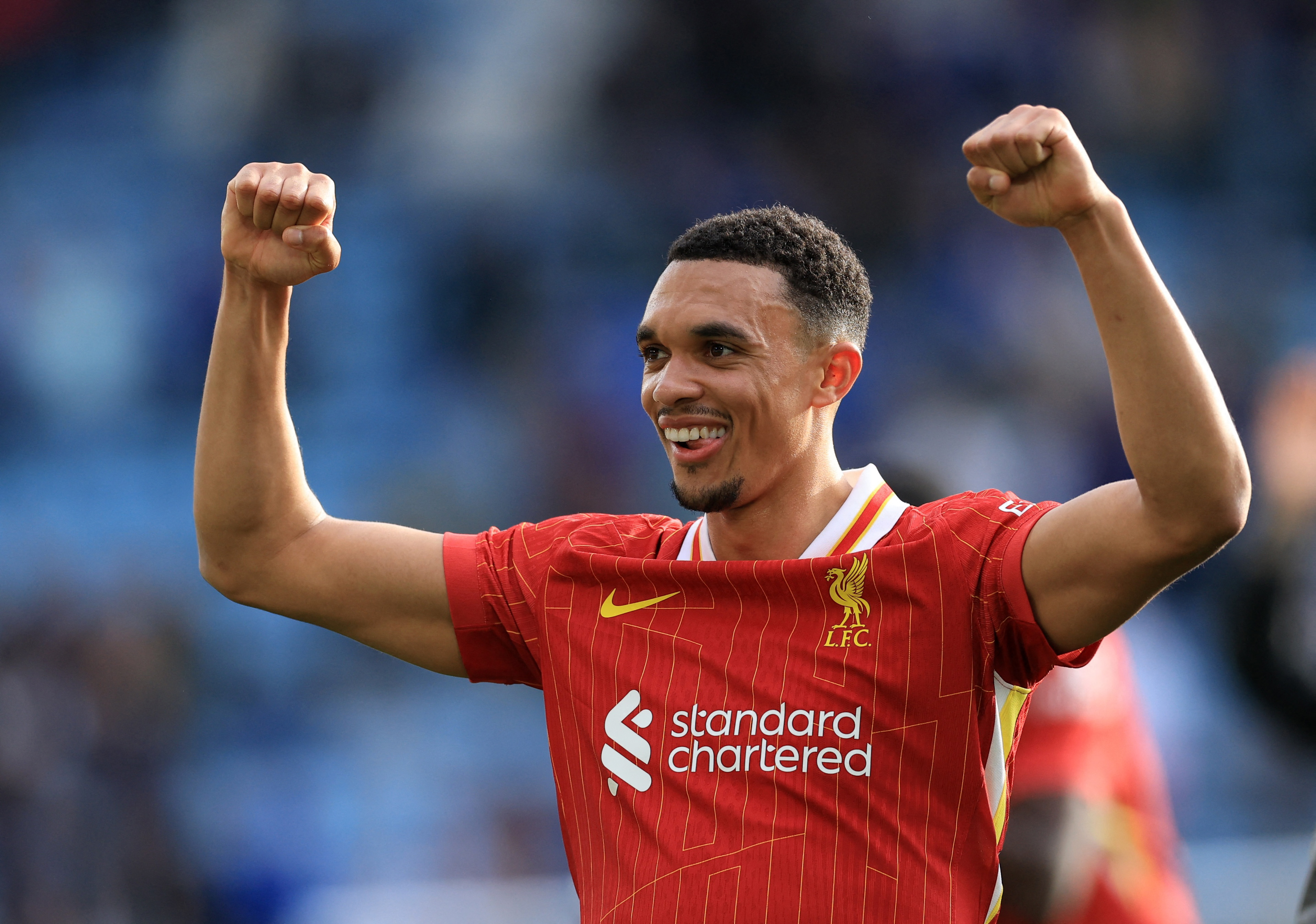Liverpool's Trent Alexander-Arnold celebrates after the match against Leicester City