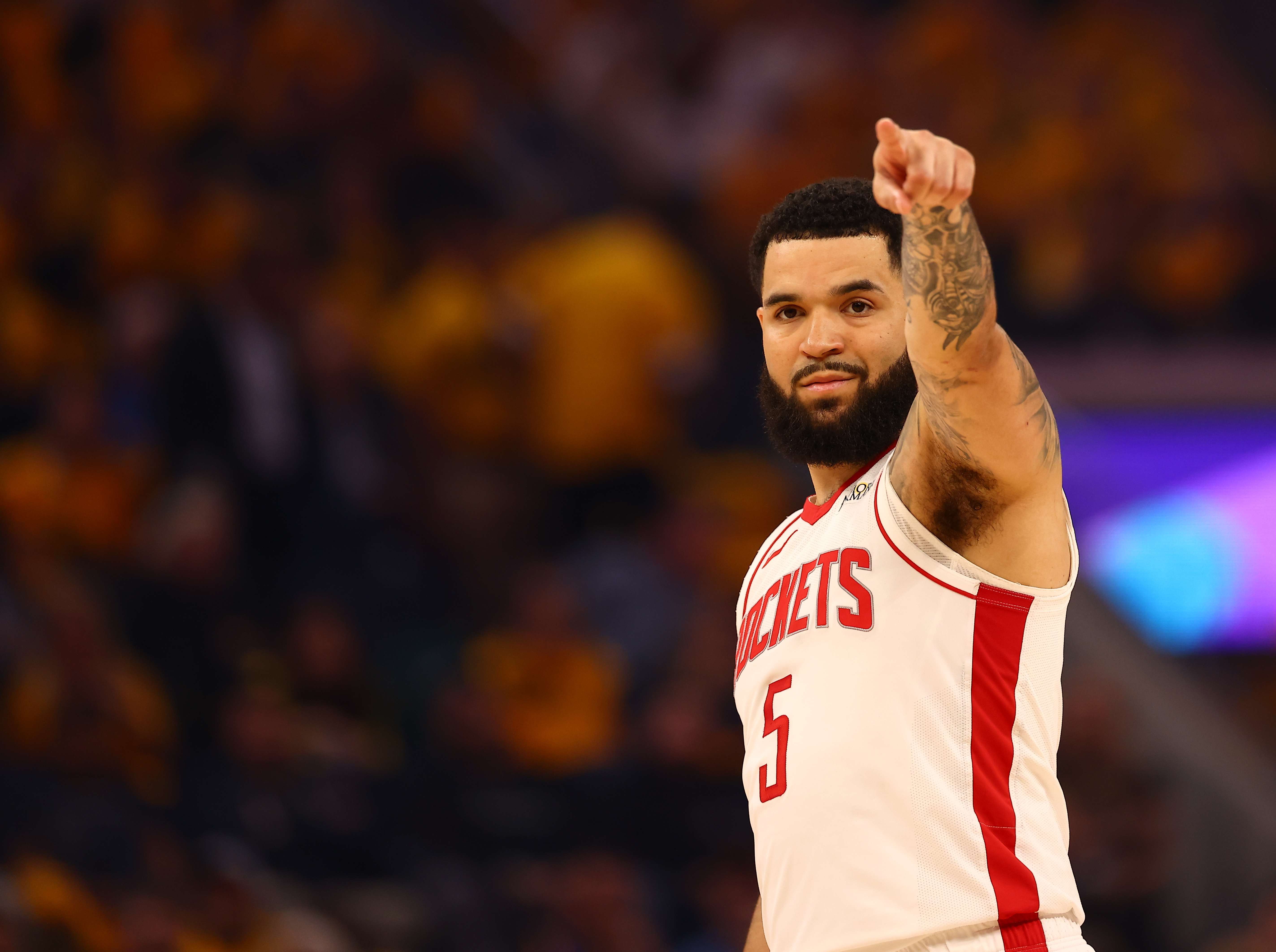Apr 28, 2025; San Francisco, California, USA; Houston Rockets guard Fred VanVleet (5) points during the first quarter of game four of the 2025 NBA Playoffs first round against the Golden State Warriors at Chase Center. Mandatory Credit: Kelley L Cox-Imagn Images