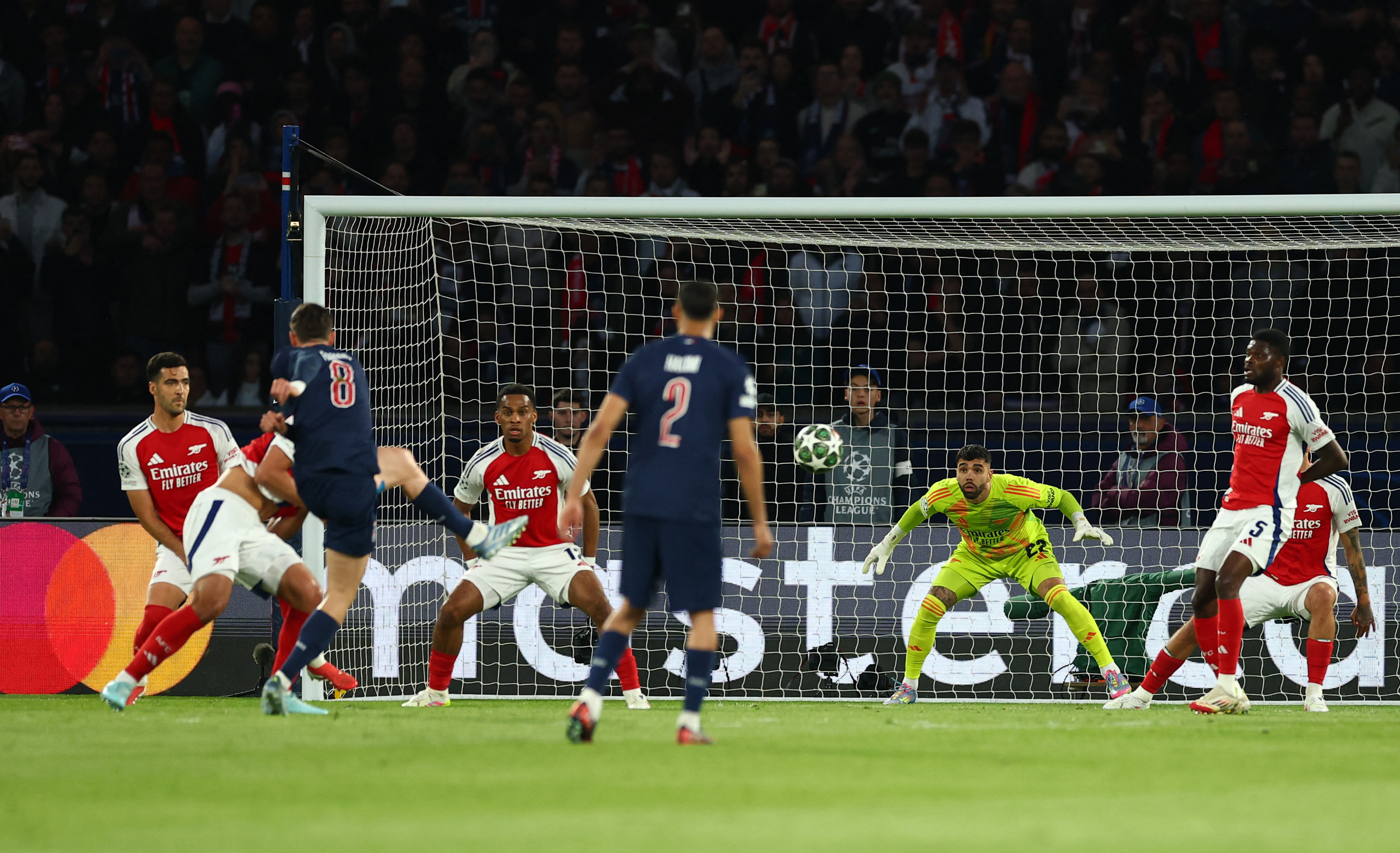 Soccer Football - Champions League - Semi Final - Second Leg - Paris St Germain v Arsenal - Parc des Princes, Paris, France - May 7, 2025 Paris St Germain's Fabian Ruiz scores their first goal past Arsenal's David Raya REUTERS/Gonzalo Fuentes