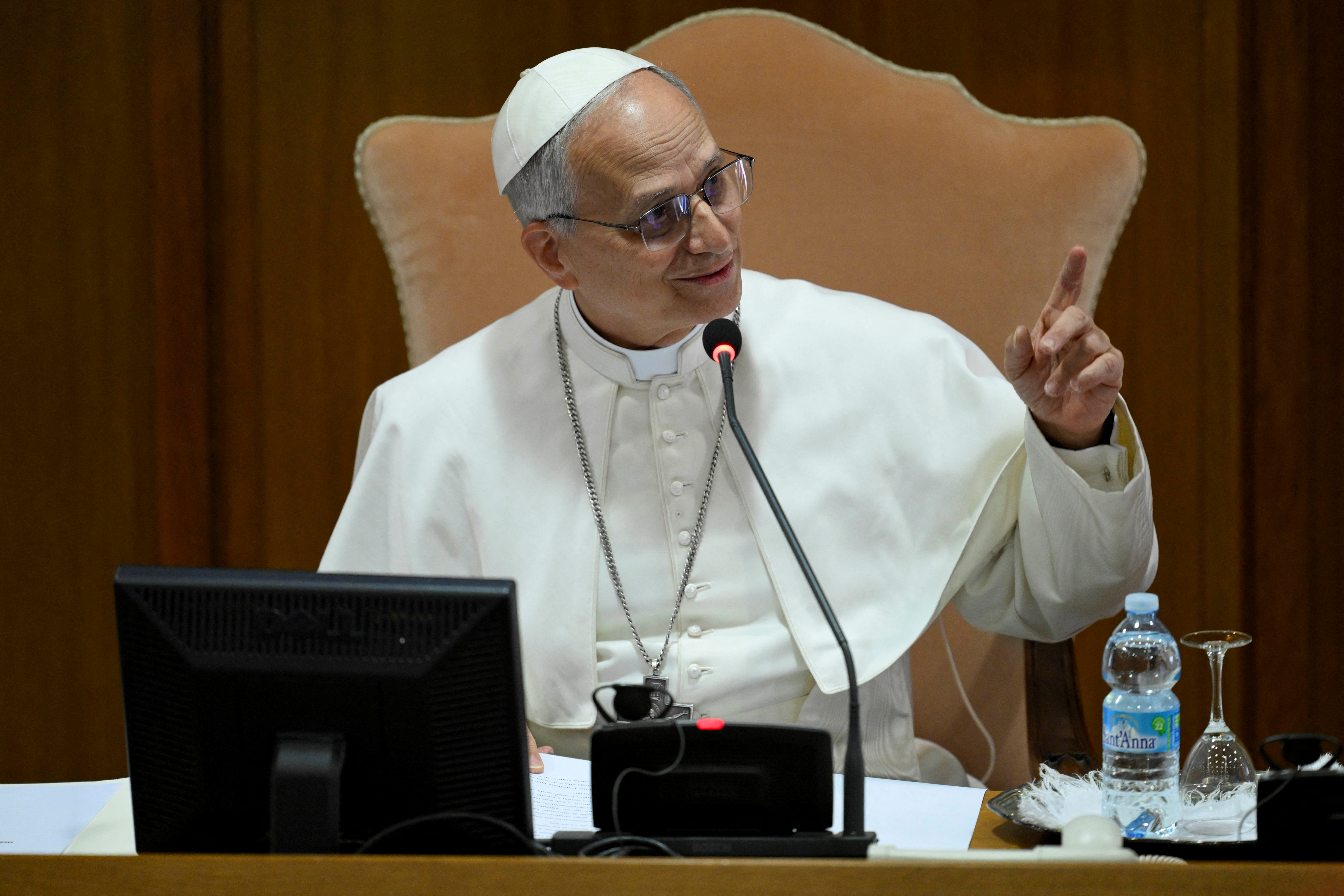 Pope Leo XIV speaks during a meeting with the Cardinals at the Vatican