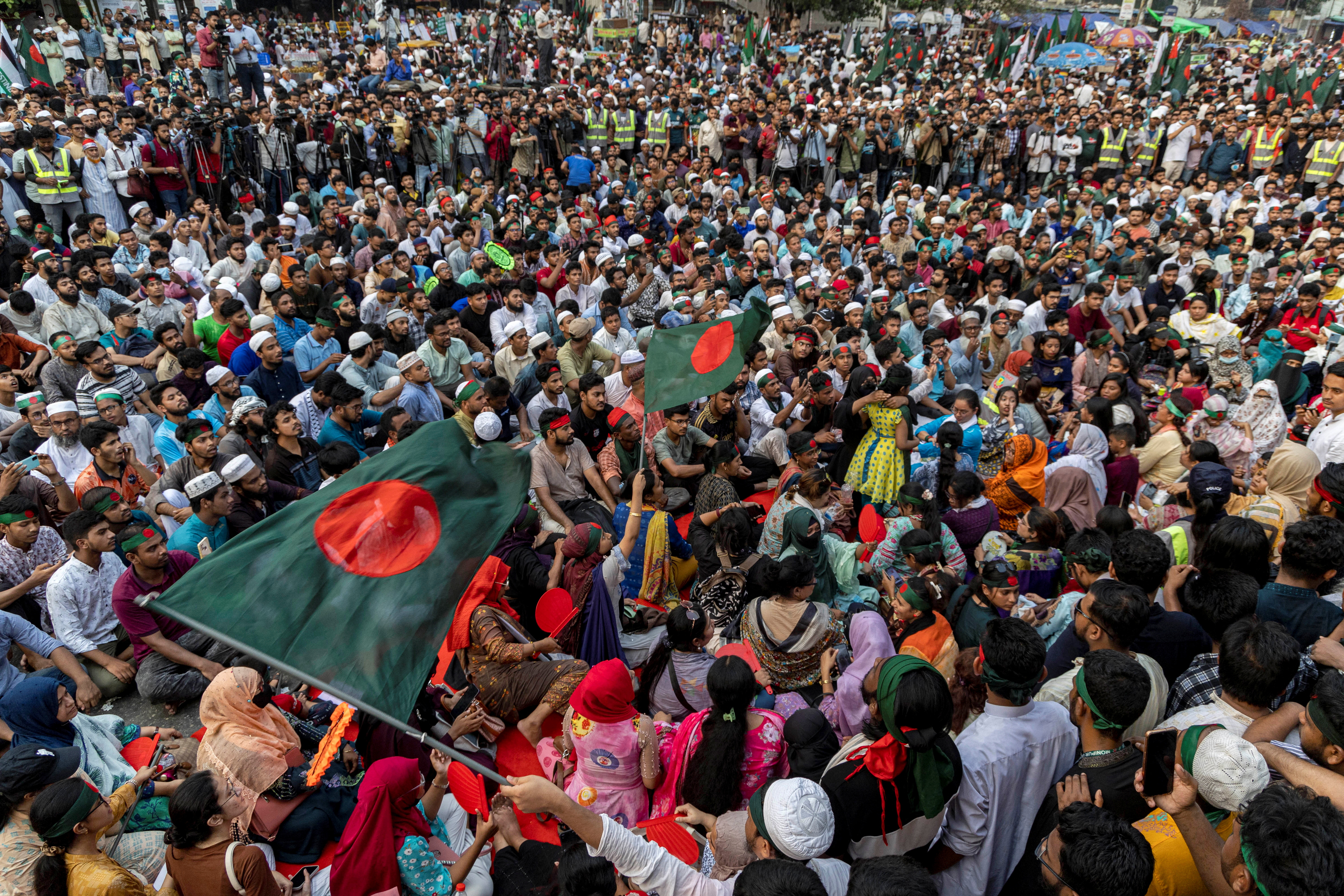 Protesters block a square in Dhaka.