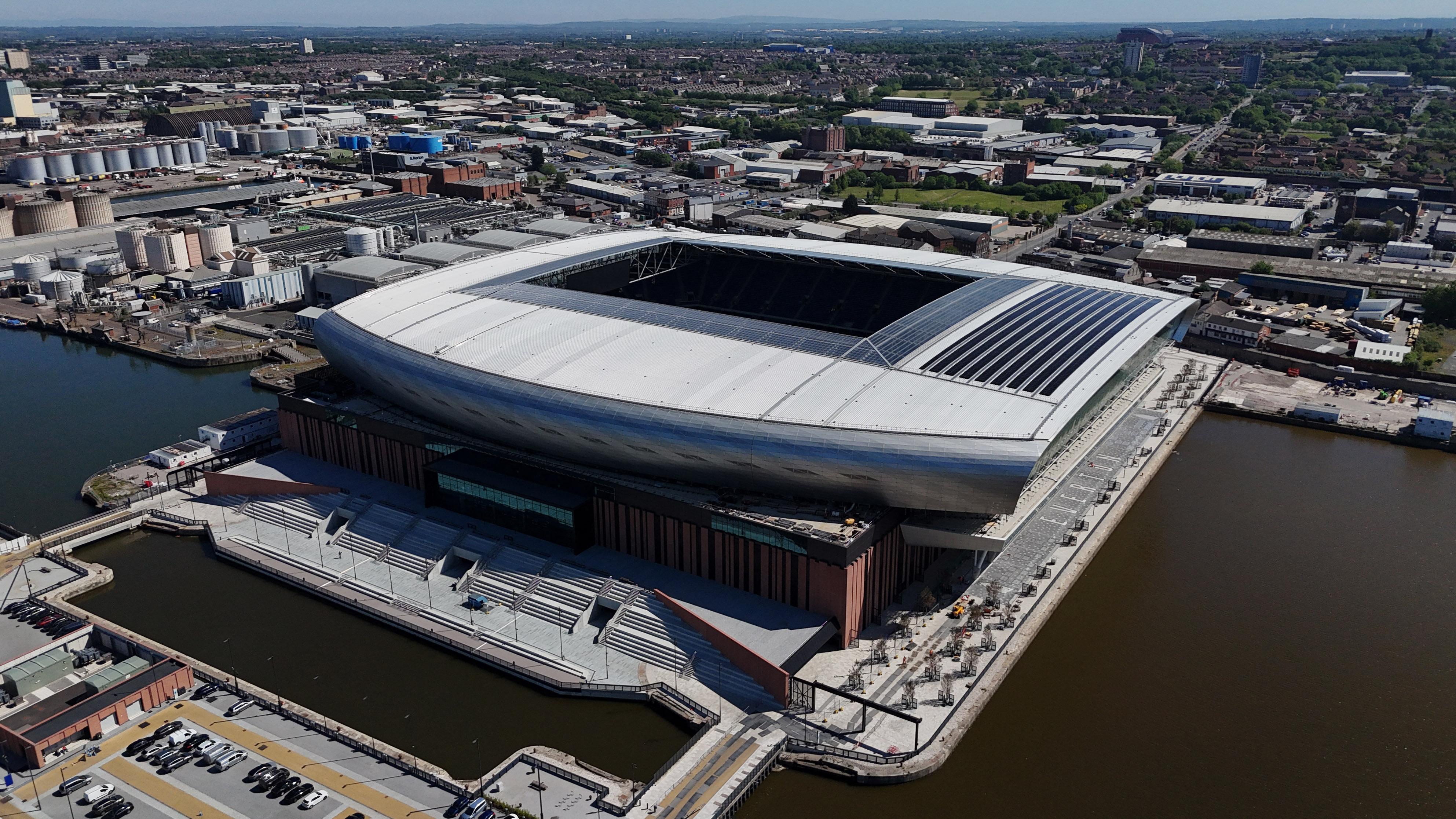 Soccer Football - A drone view shows Everton's new stadium at Bramley Moore Dock in Liverpool - Bramley Moore Dock, Liverpool, Britain - May 13, 2025 A drone view shows Everton's new stadium at Bramley Moore Dock in Liverpool Action Images via Reuters/Jason Cairnduff