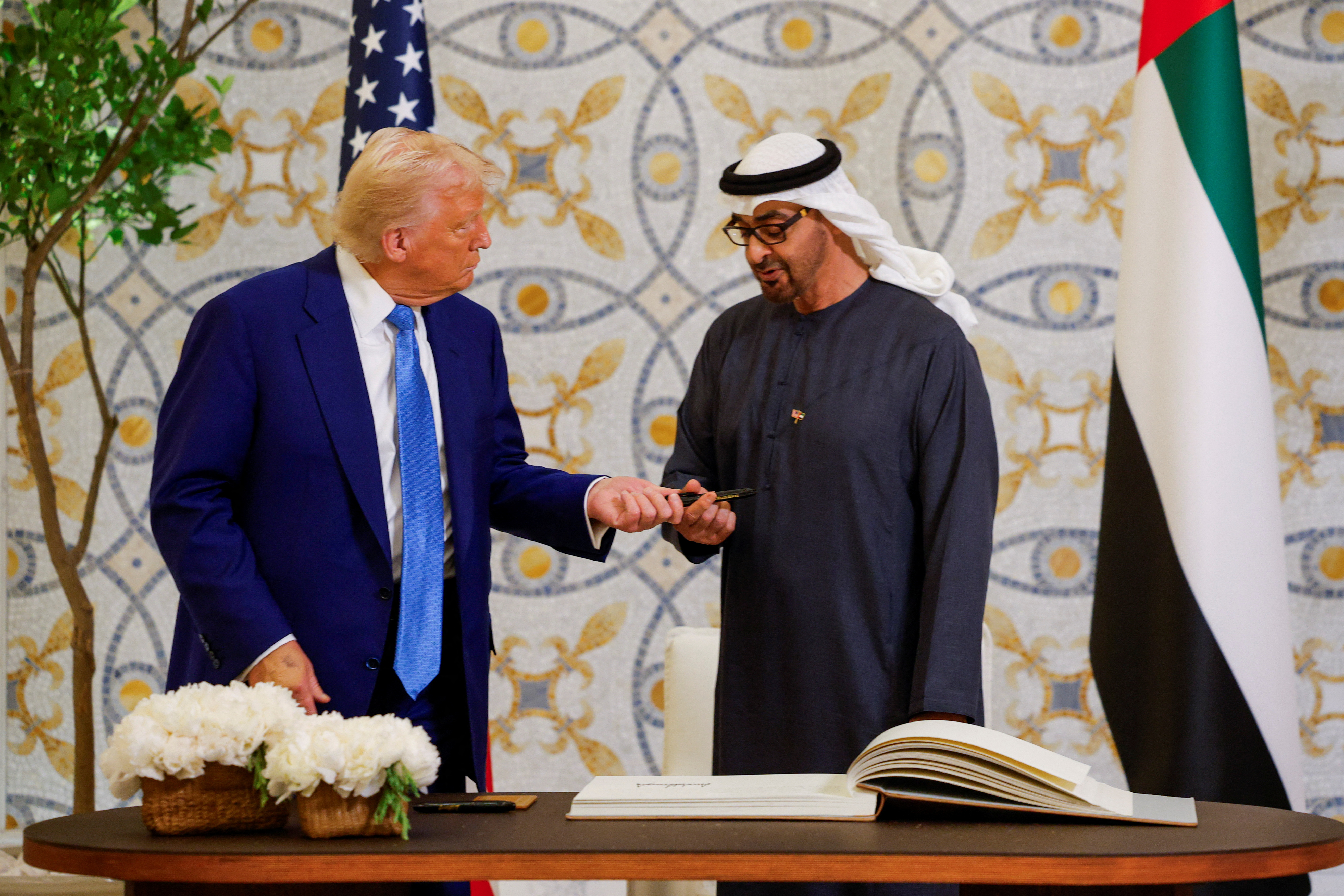 U.S. President Donald Trump meets United Arab Emirates President Sheikh Mohamed bin Zayed Al Nahyan, at Qasr Al Watan, in Abu Dhabi, United Arab Emirates, May 15, 2025. REUTERS/Brian Snyder