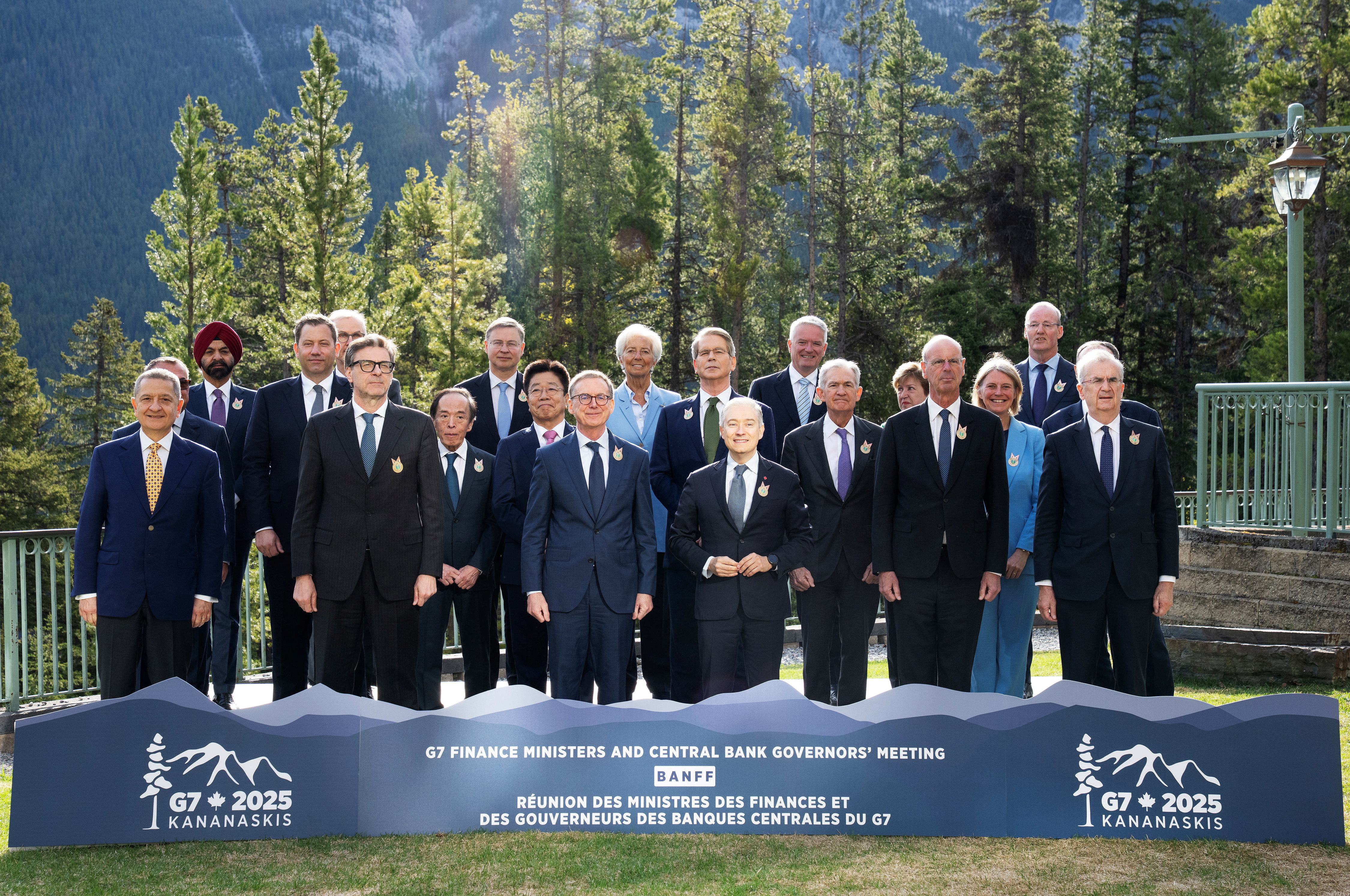 G7 finance ministers and central bank governors pose for a group photo.