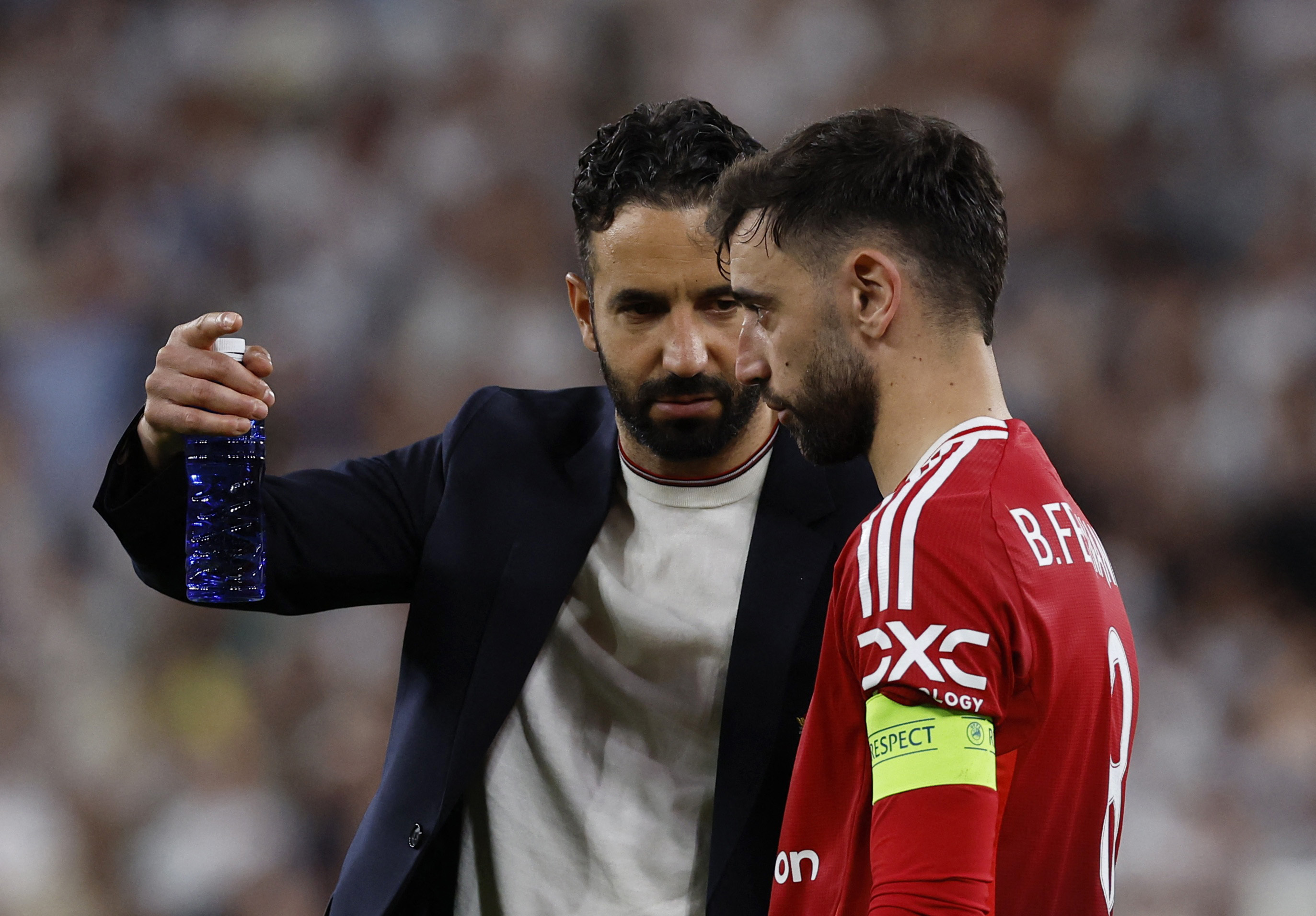 Europa League - Final - Tottenham Hotspur - Manchester United manager Ruben Amorim with Manchester United's Bruno Fernandes after the match