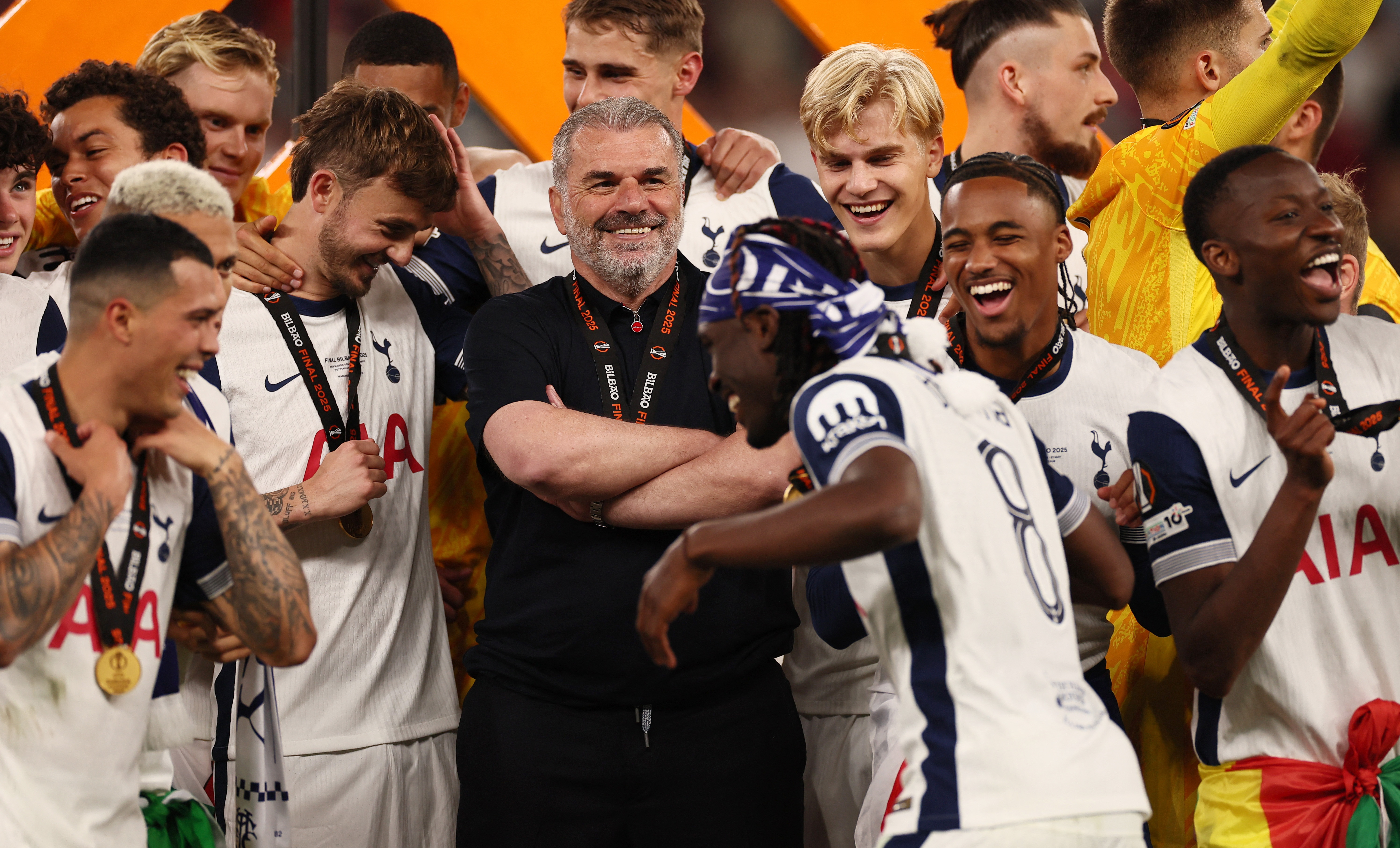 Europa League - Tottenham Hotspur manager Ange Postecoglou celebrates with his players after winning the Europa League