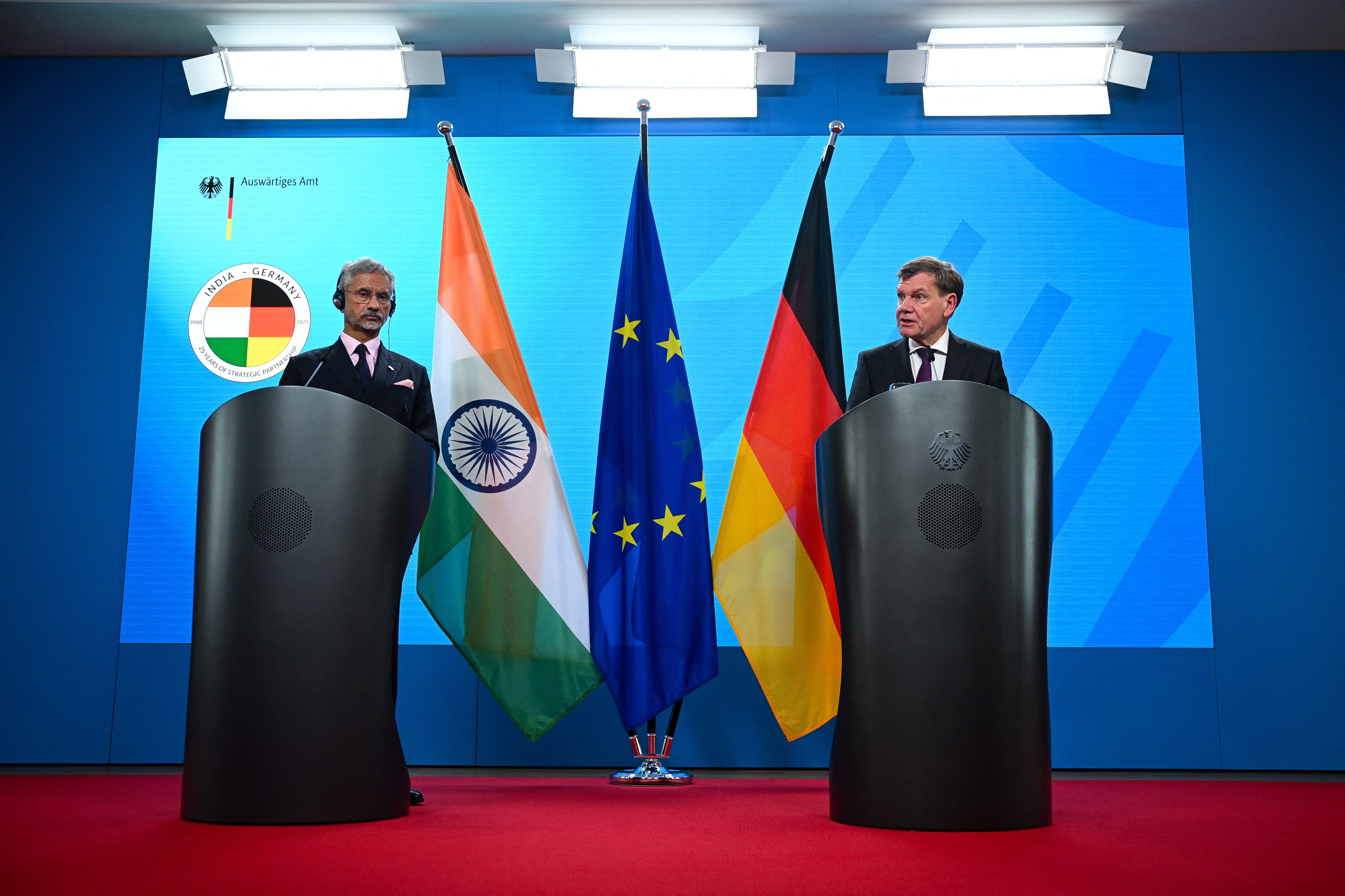 German Foreign Minister Johann Wadephul and Indian Foreign Minister Subrahmanyam Jaishankar speak to the media following talks in Berlin, Germany, May 23, 2025. REUTERS/Annegret Hilse