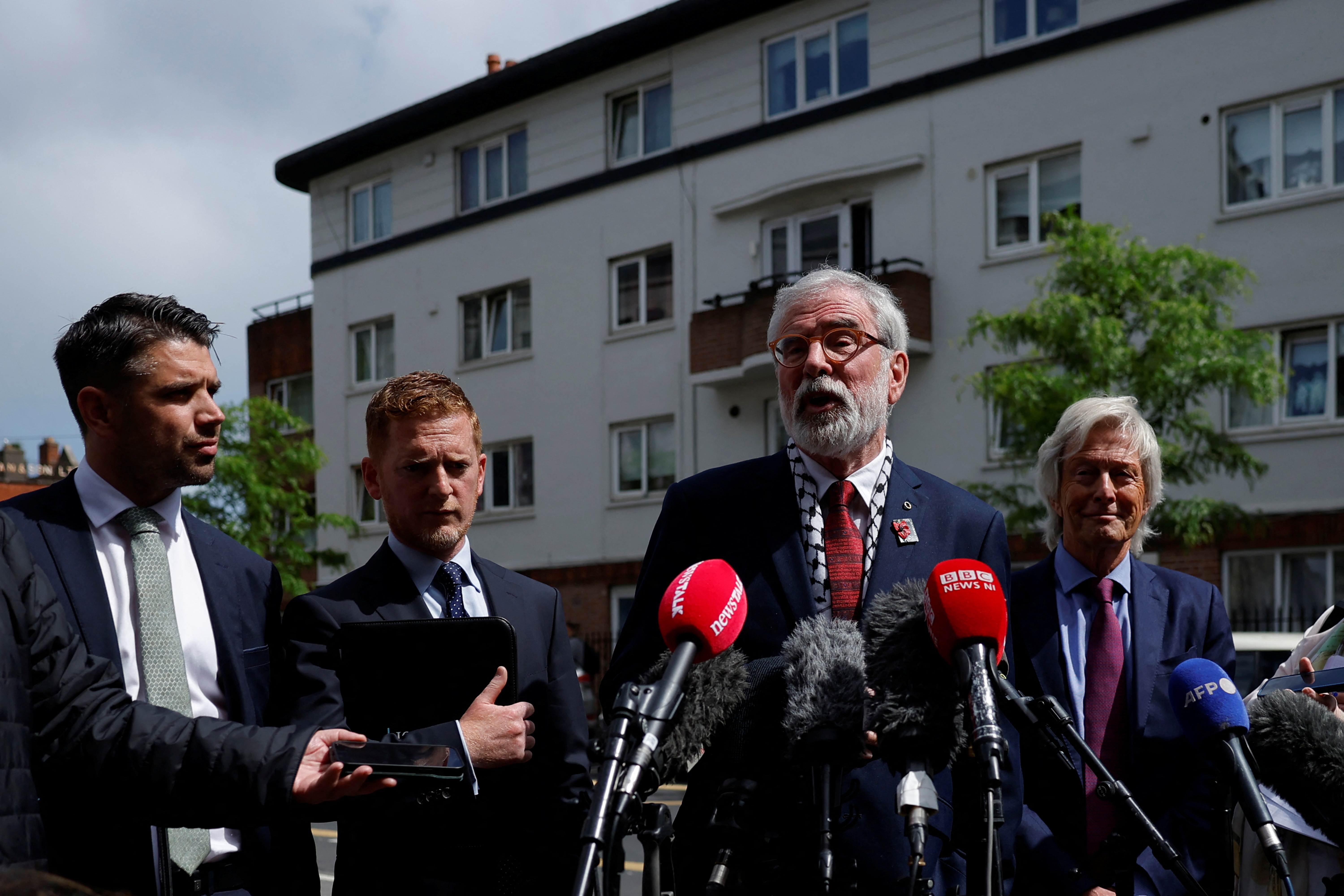 Former Sinn Fein President Gerry Adams speaks to media outside the High Court, after winning a legal action against the BBC, in Dublin, Ireland, May 30, 2025. REUTERS/Clodagh Kilcoyne
