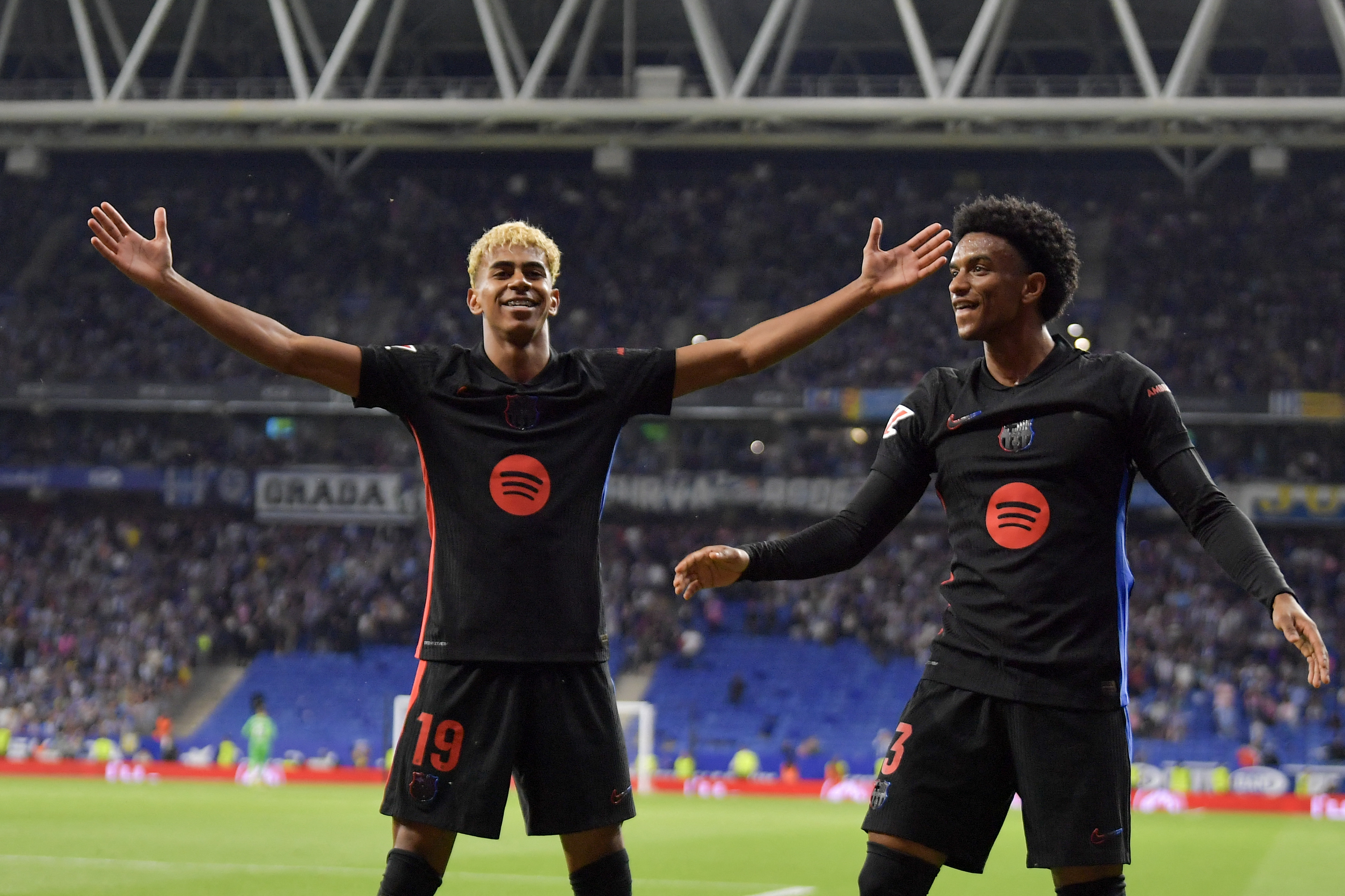Barcelona's Spanish forward Lamine Yamal celebrates scoring against Espanyol in La Liga