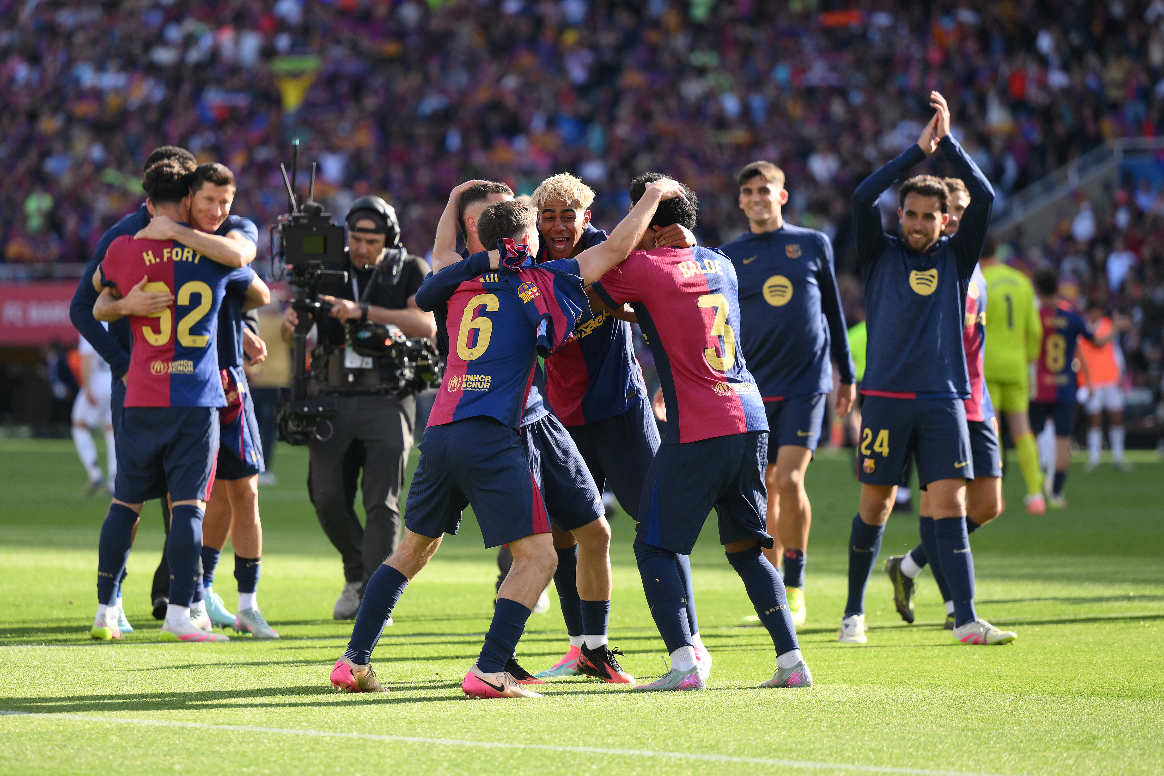 BARCELONA, SPAIN - MAY 11: Gavi, Lamine Yamal and Alejandro Balde of FC Barcelona celebrate after the teams 4-3 victory in the LaLiga match between FC Barcelona and Real Madrid CF at Estadi Olimpic Lluis Companys on May 11, 2025 in Barcelona, Spain. (Photo by David Ramos/Getty Images)