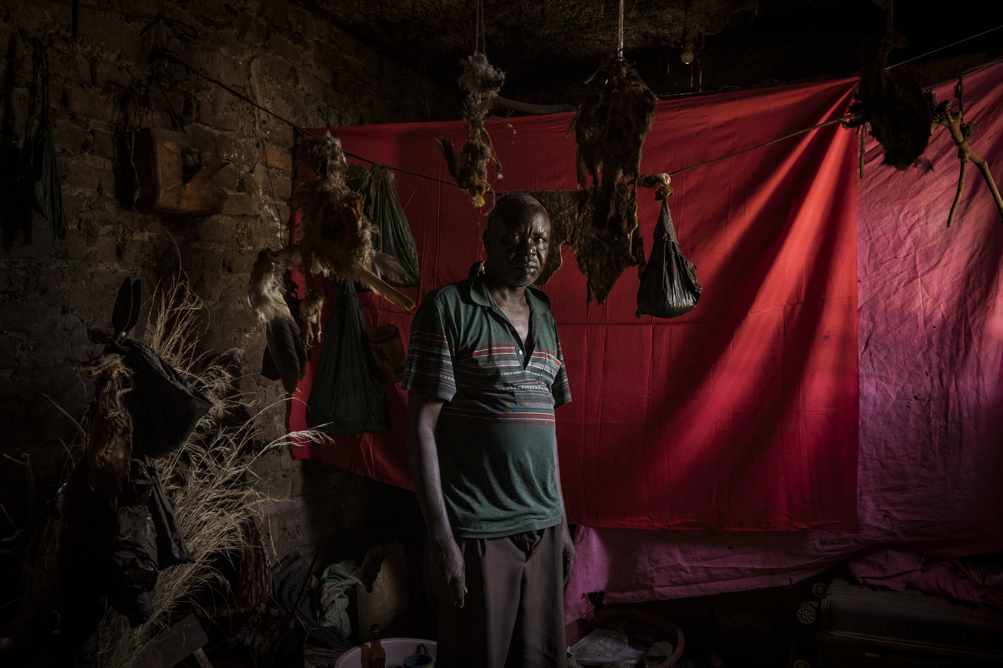 Omalera, Soroti District, Uganda. Local witch doctor Robert Apedu poses for a portrait in his clinic. As witch doctors comprise around 77% of the health services in rural areas they offer a more convenient alternative to the cities health facilities and medicines.