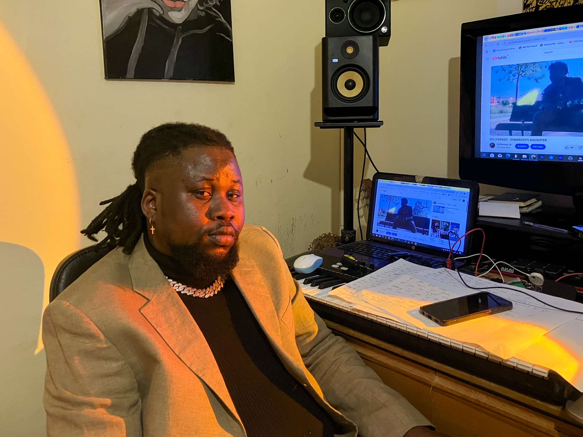 Prince sitting in his bedroom which doubles as a recording studio.