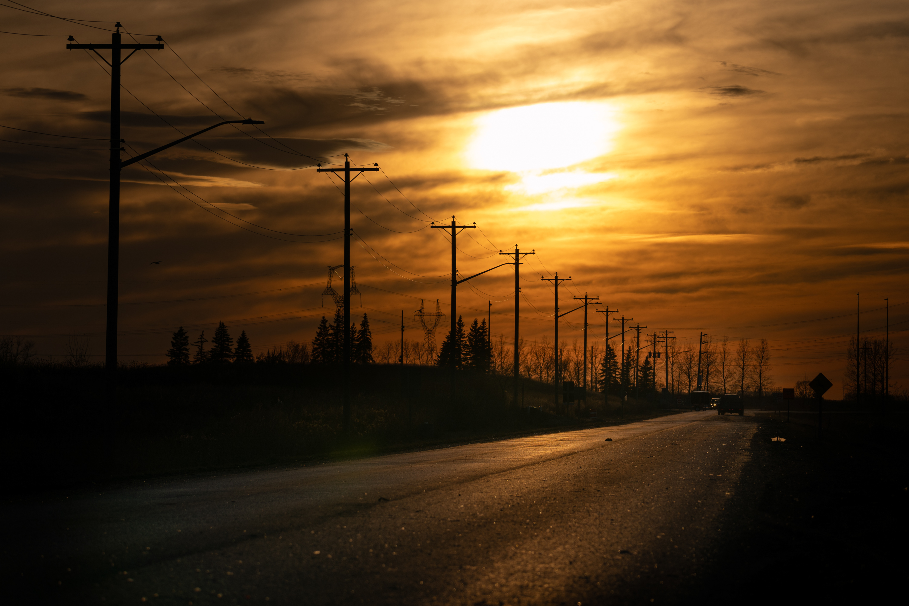 A road lined with electricity pylons is shown during sunset