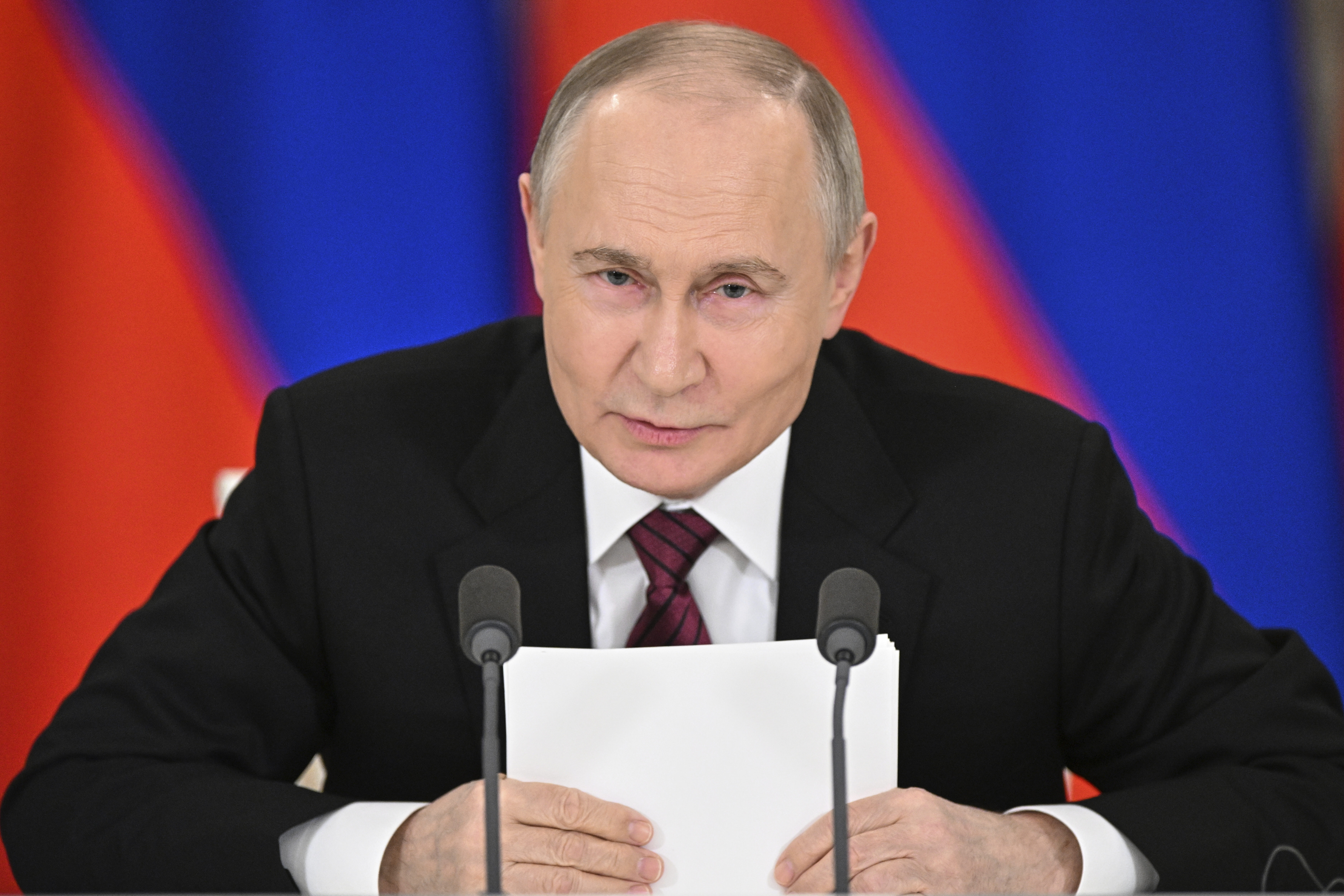 Russian President Vladimir Putin gestures as he speaks to journalists in the Grand Kremlin Palace in Moscow, Sunday, May 11, 2025. (Sergei Bobylev/Photo host agency RIA Novosti via AP)