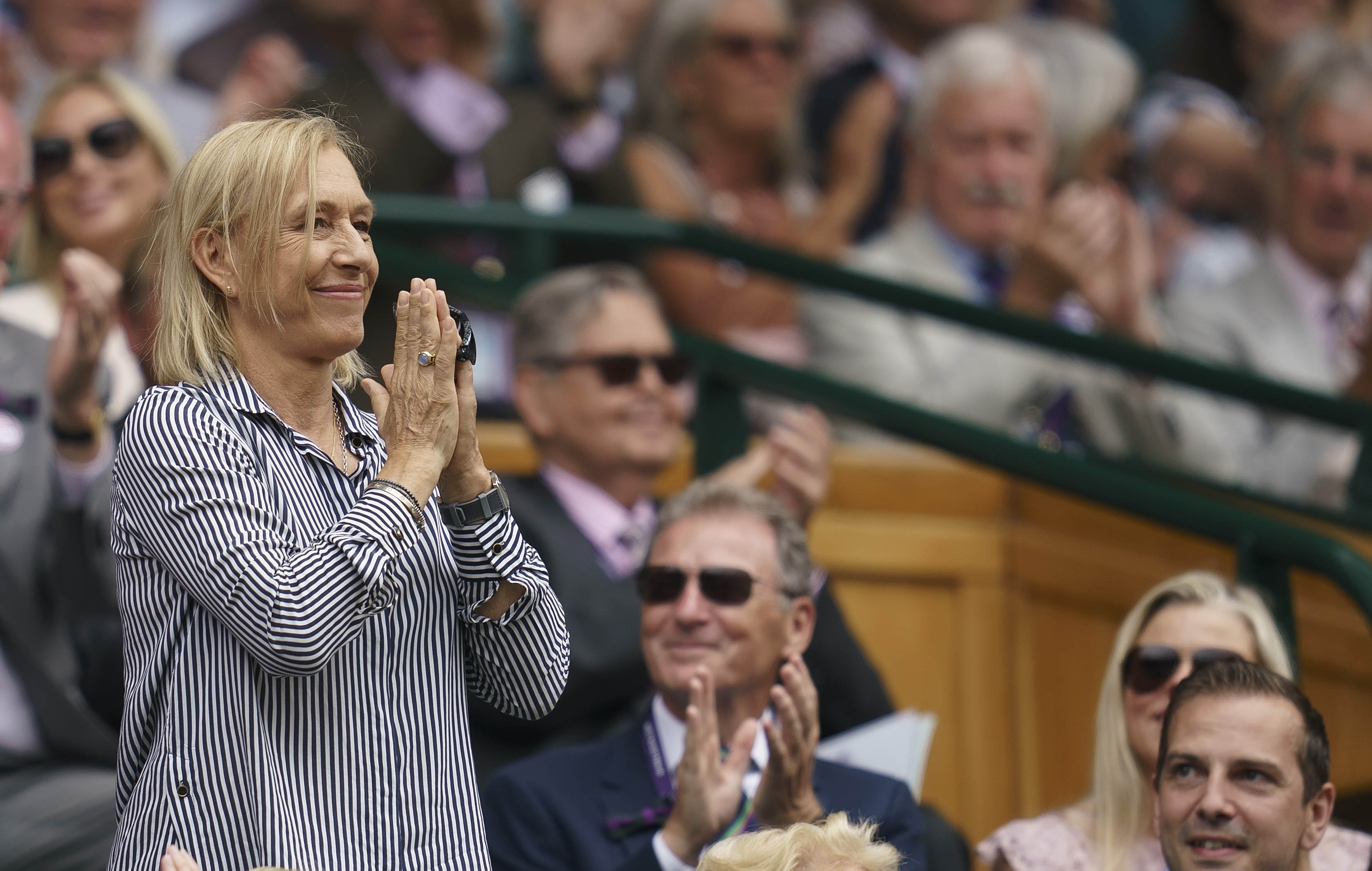 Jul 6, 2019; London, United Kingdom; Martina Navratilova in attendance in the Royal Box for the Ashleigh Barty (AUS) and Harriet Dart (GBR) match on day six at the All England Lawn and Croquet Club. Mandatory Credit: Susan Mullane-USA TODAY Sports