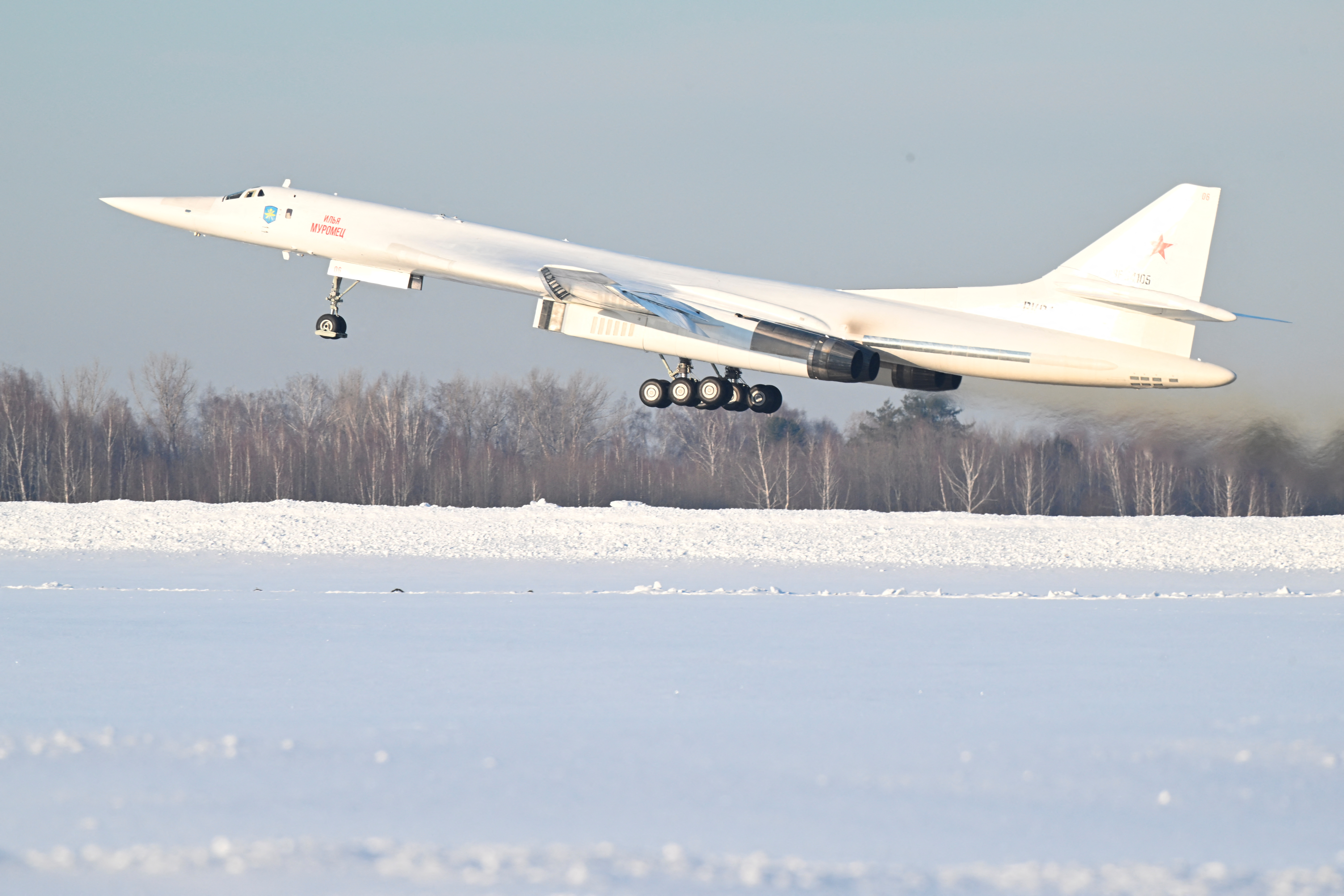 A modernized Tu-160M nuclear-capable strategic bomber takes off in Kazan, Russia
