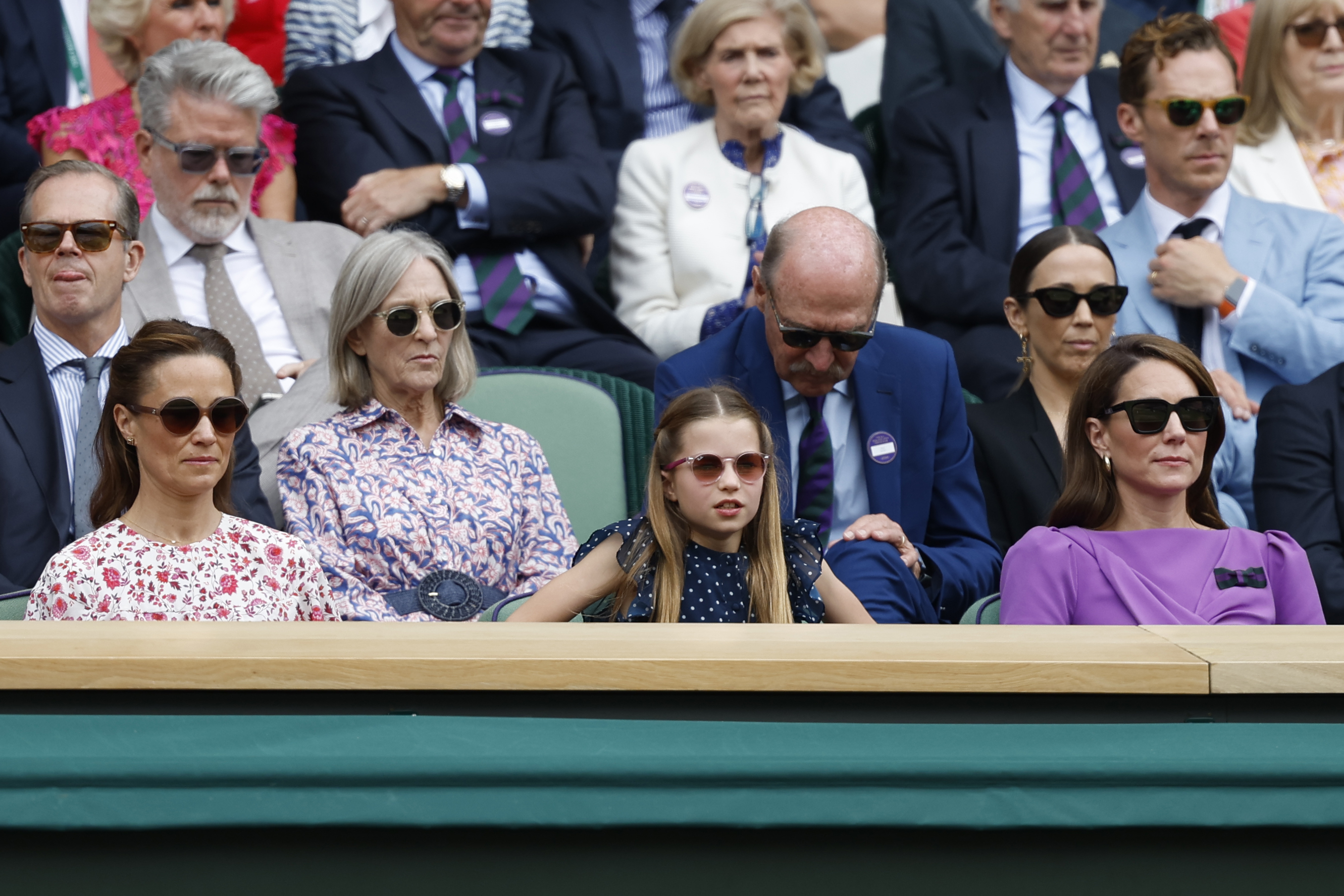 Jul 14, 2024; London, United Kingdom; HRH The Princess of Wales watches from the Royal Box with her daughter HRH Princess Charlotte of Wales (M) and sister Mrs. Pippa Matthews (L) during the match between Carlos Alcaraz (ESP) and Novak Djokovic (SRB)(both not pictured) in the gentlemen's singles final of The Championships Wimbledon 2024 at The All England Lawn Tennis and Croquet Club. Mandatory Credit: Geoff Burke-USA TODAY Sports